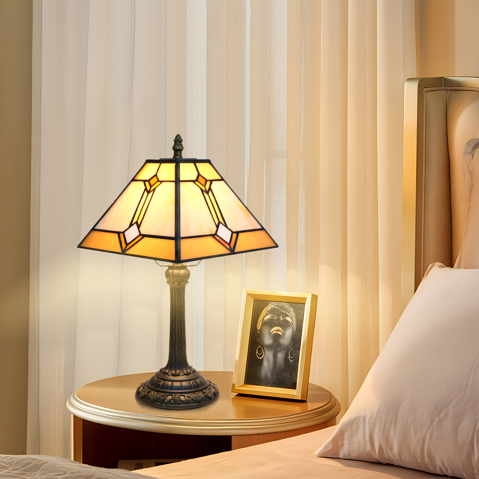 Blivuself A Warm Yellow Handcrafted Table Lamp In The Style Of Ancient Tiffany, With 20cm Of Stained Glass, Illuminates A Cozy And Artistic Corner, Suitable For Home Decoration Art In Bedrooms, Dormitories, Living Rooms, Etc（OFU1235）