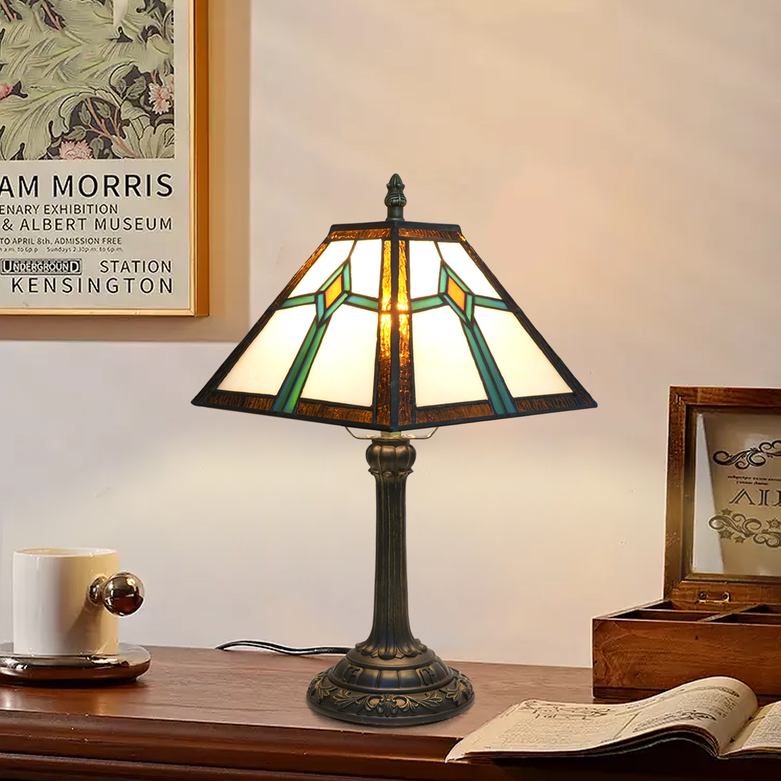 Blivuself Tiffany Style Handcrafted Square Table Lamp, 8-Inch Tea Green Stained Glass Bedside Lamp, Integrating Art Into Life, Suitable For Home Decoration Art In Dormitories, Dining Rooms, Office Areas, Etc（OFU1237）