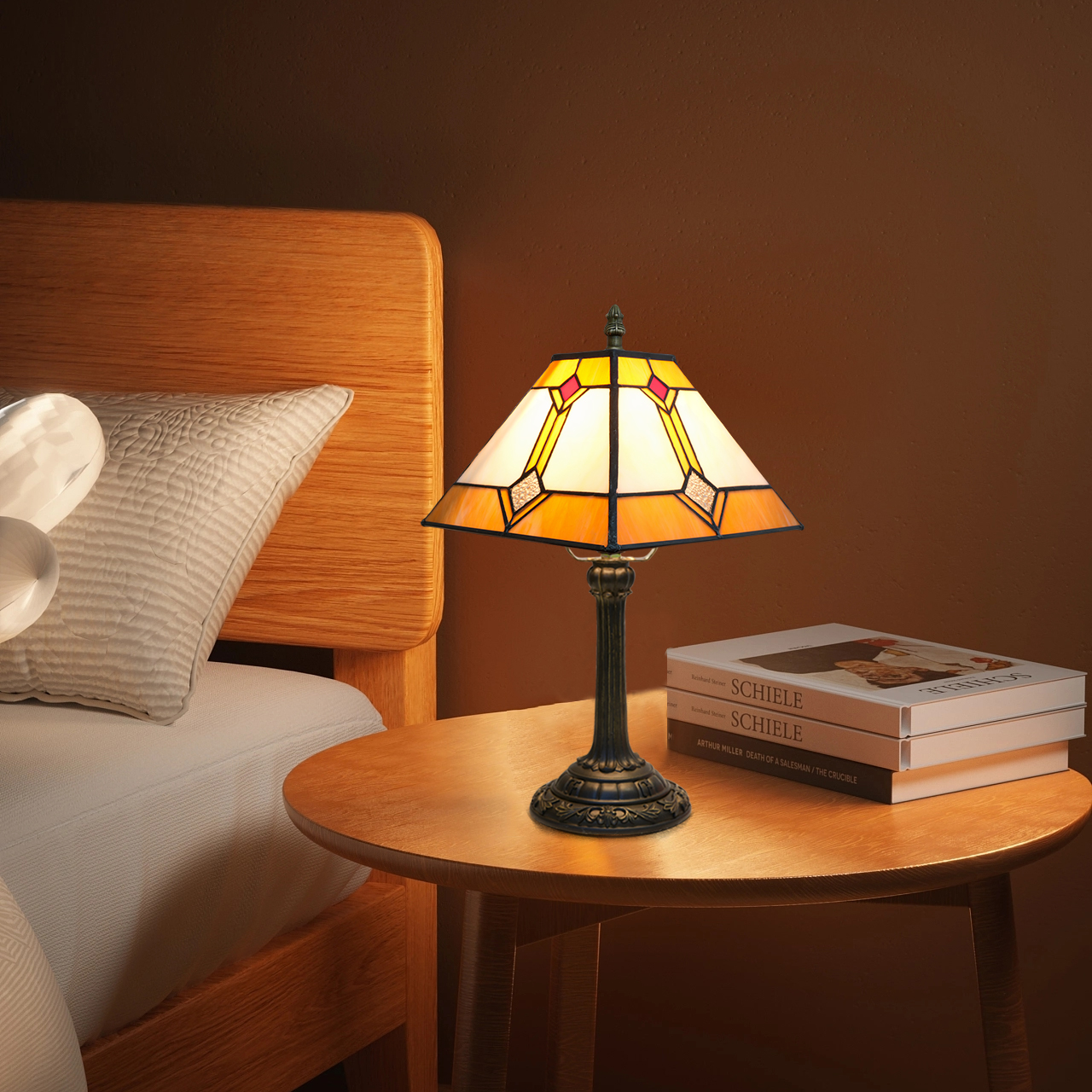 Blivuself Tiffany Style Warm Red Square Table Lamp, 8-Inch Handcrafted Stained Glass Lampshade, Lighting Up The Retro Romantic Art Bedside Lamp, Suitable For Home Decoration Art In Bedrooms, Dormitories, Living Rooms, Etc（OFU1239）