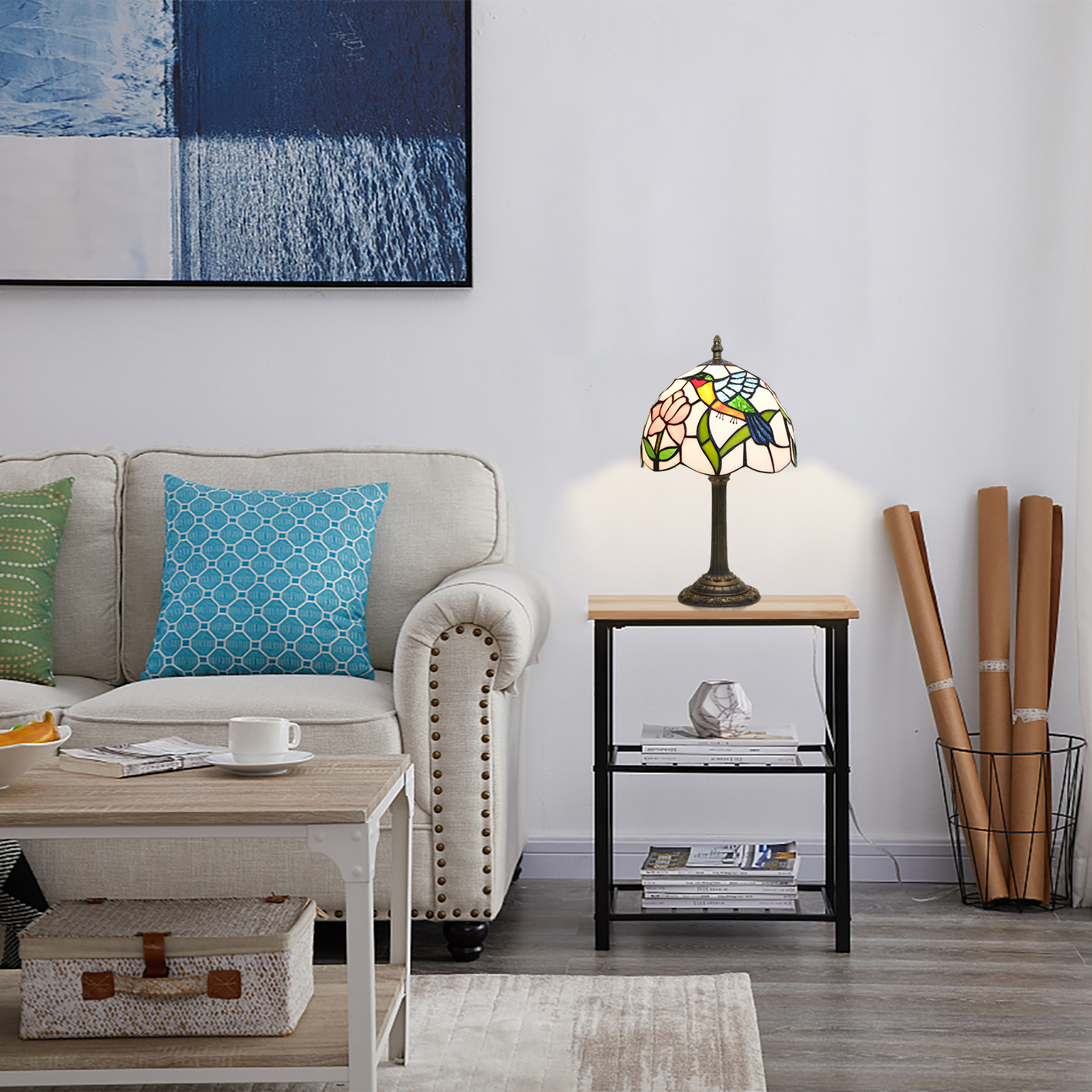 Blivuself Tiffany Style Stained Glass Handcrafted Table Lamp, 8-Inch Hummingbird Two-Color Flower Victorian-Style Bedside Lamp, Bringing Nature Into The Home'S Light And Shadow Art, Suitable For Home Decoration Art In Bedrooms, Living Rooms, Dining Rooms, Etc（OFU1240）