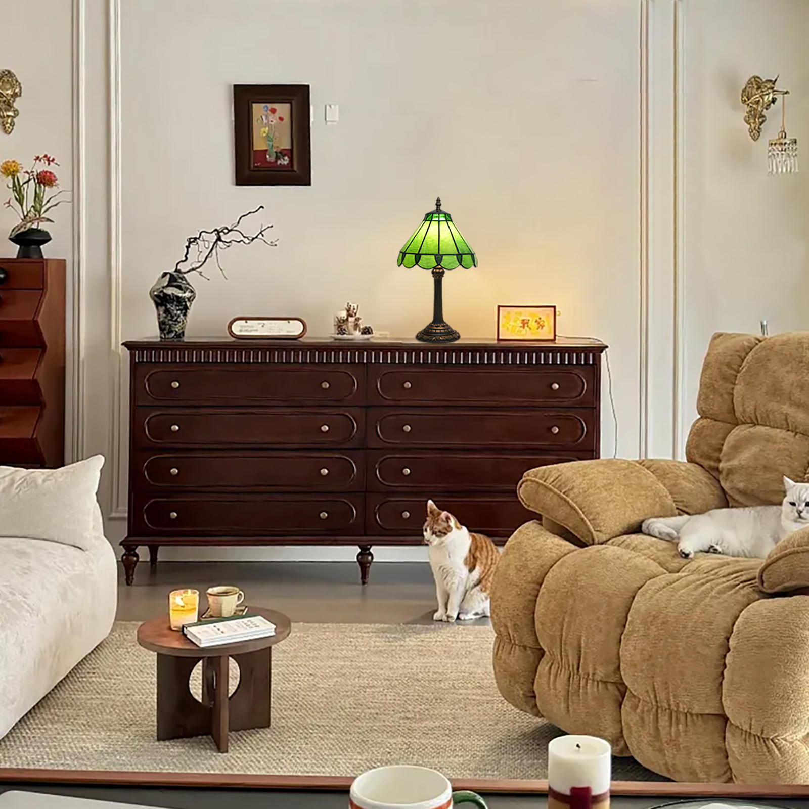 Blivuself  The Tiffany Style Green Water Pattern Table Lamp Blends The Natural Greenery Into The Art Of Light And Shadow. It Is Handcrafted With An 8-Inch Stained Glass Lampshade And Is Suitable For Home Decoration Art Such As Desks In Dormitories And Bedrooms（OFU1243）