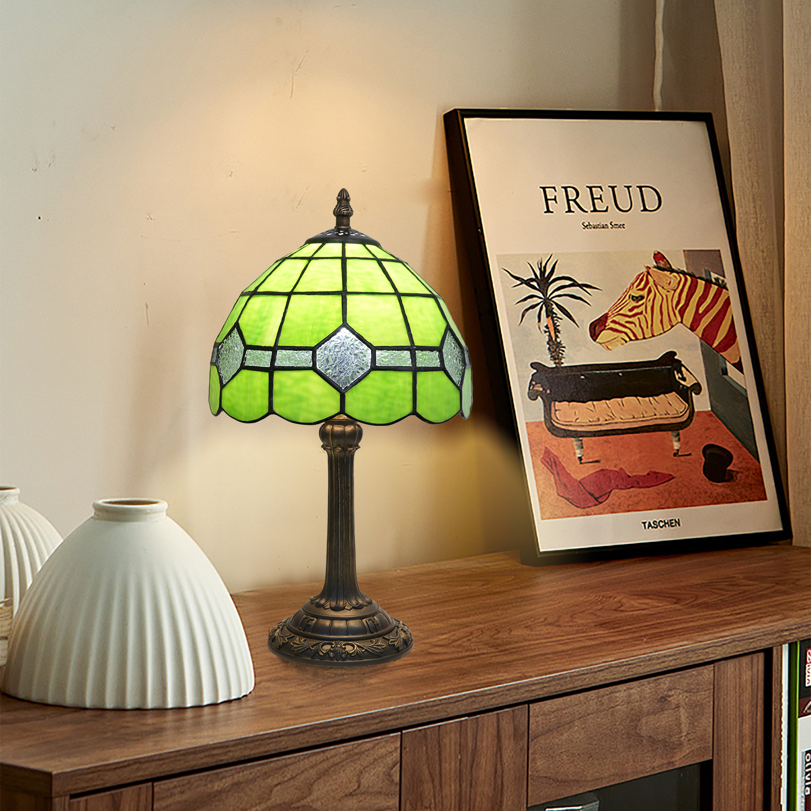 Blivuself Tiffany Stained Glass Table Lamp, 20cm Color Retro Bedside Lamp, Handmade Lampshade, Suitable For Bedroom And Dormitory Desk Home Decoration Art（OFU1245）