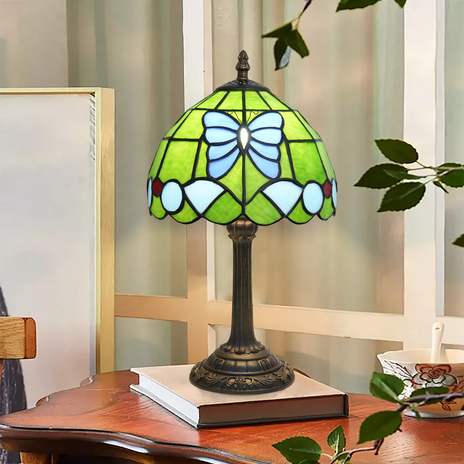 Blivuself Tiffany Stained Glass Table Lamp, 20cm Blue Butterfly Victoria Bedside Lamp, Handcrafted Lampshade, Suitable For Bedroom, Dormitory, Desk And Other Home Decoration Art (Green Background) OFU1246