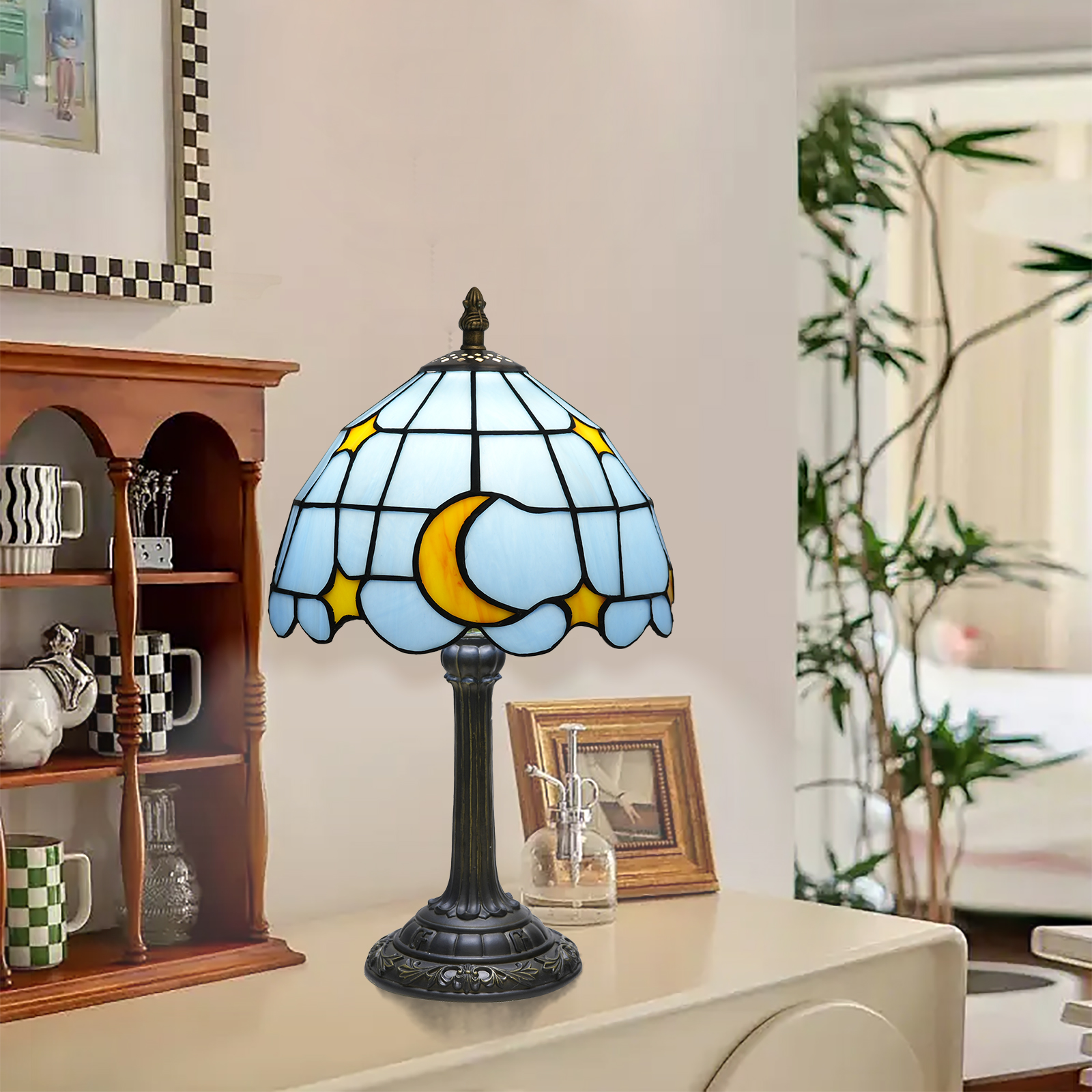 Blivuself Tiffany Stained Glass Table Lamp, 20cm Moon Victoria Bedside Lamp, Handcrafted Lampshade, Suitable For Bedroom, Dormitory, Desk And Other Home Decoration Art (Blue)OFU1247