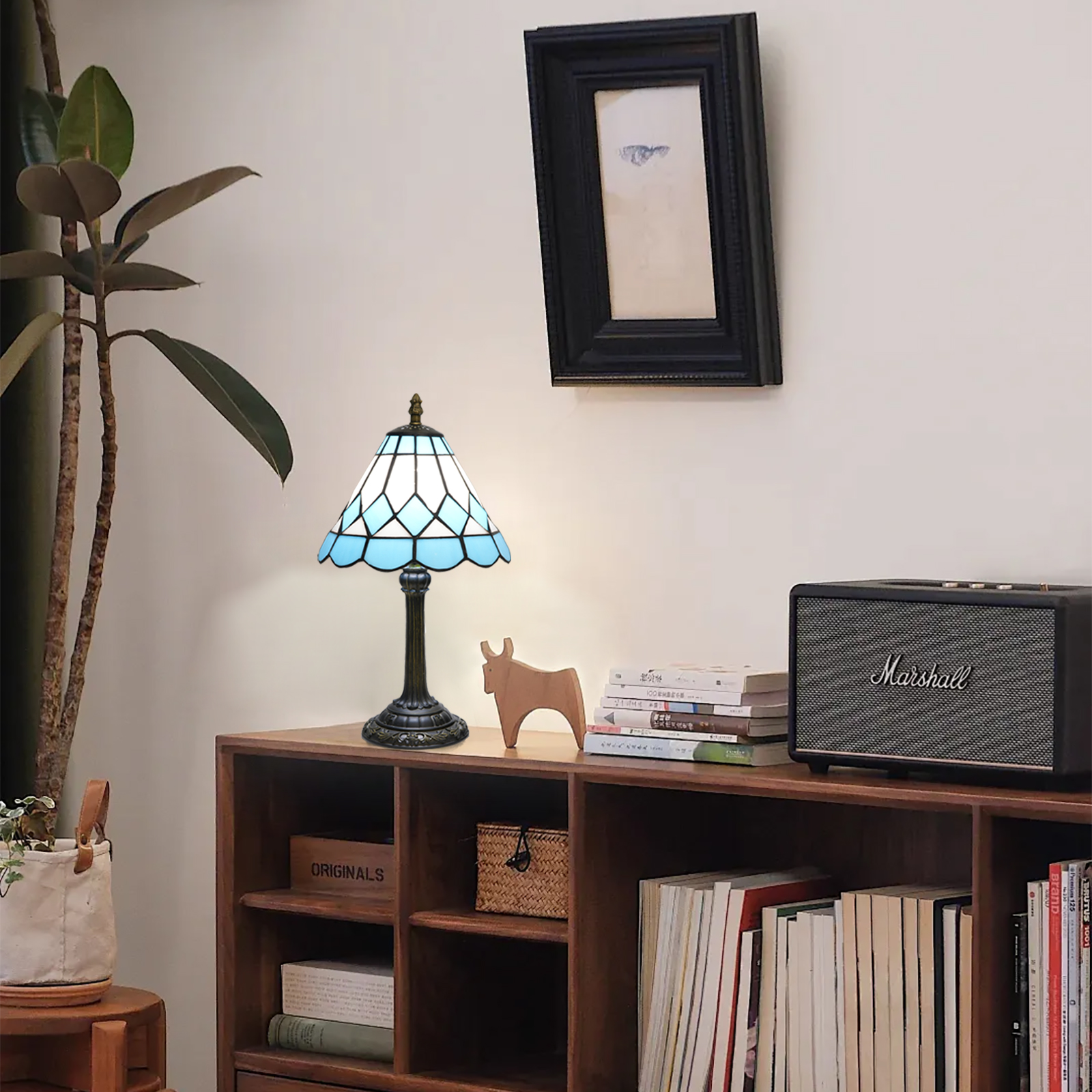 Blivuself Tiffany Stained Glass Table Lamp, Blue Square Retro Design Bedside Lamp, An Artistic Spirit That Illuminates The Space, Suitable For Home Decoration Artworks In Bedrooms, Dormitories, Living Rooms, Etc（OFU1258）