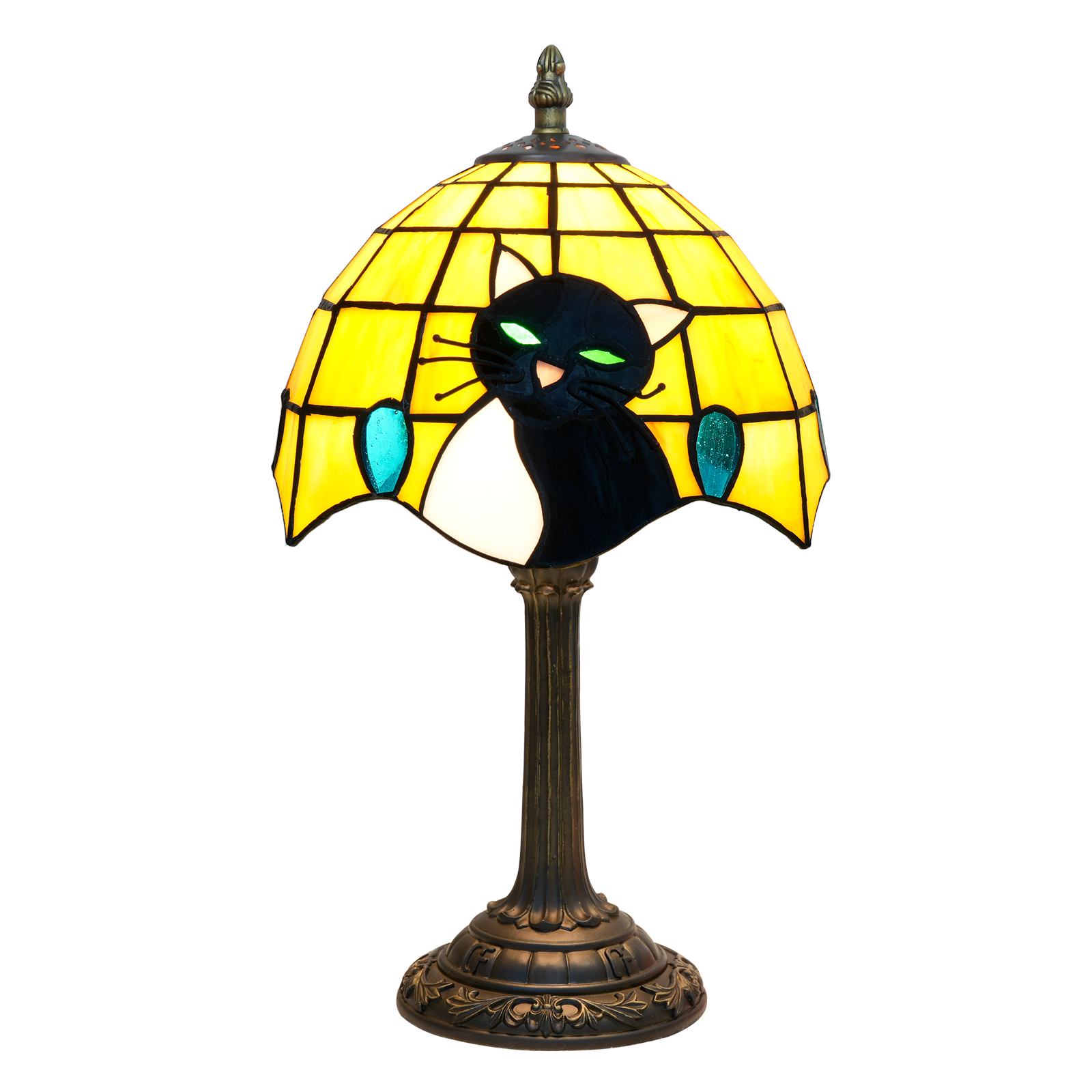 Blivuself Tiffany Retro-Style Table Lamp, 8-Inch Black And White Cat-Patterned Bedside Lamp, Handcrafted Stained Glass Lampshade, Suitable For Home Decoration Artworks Such As Dormitories, Bedrooms And Living Rooms（OFU1260）