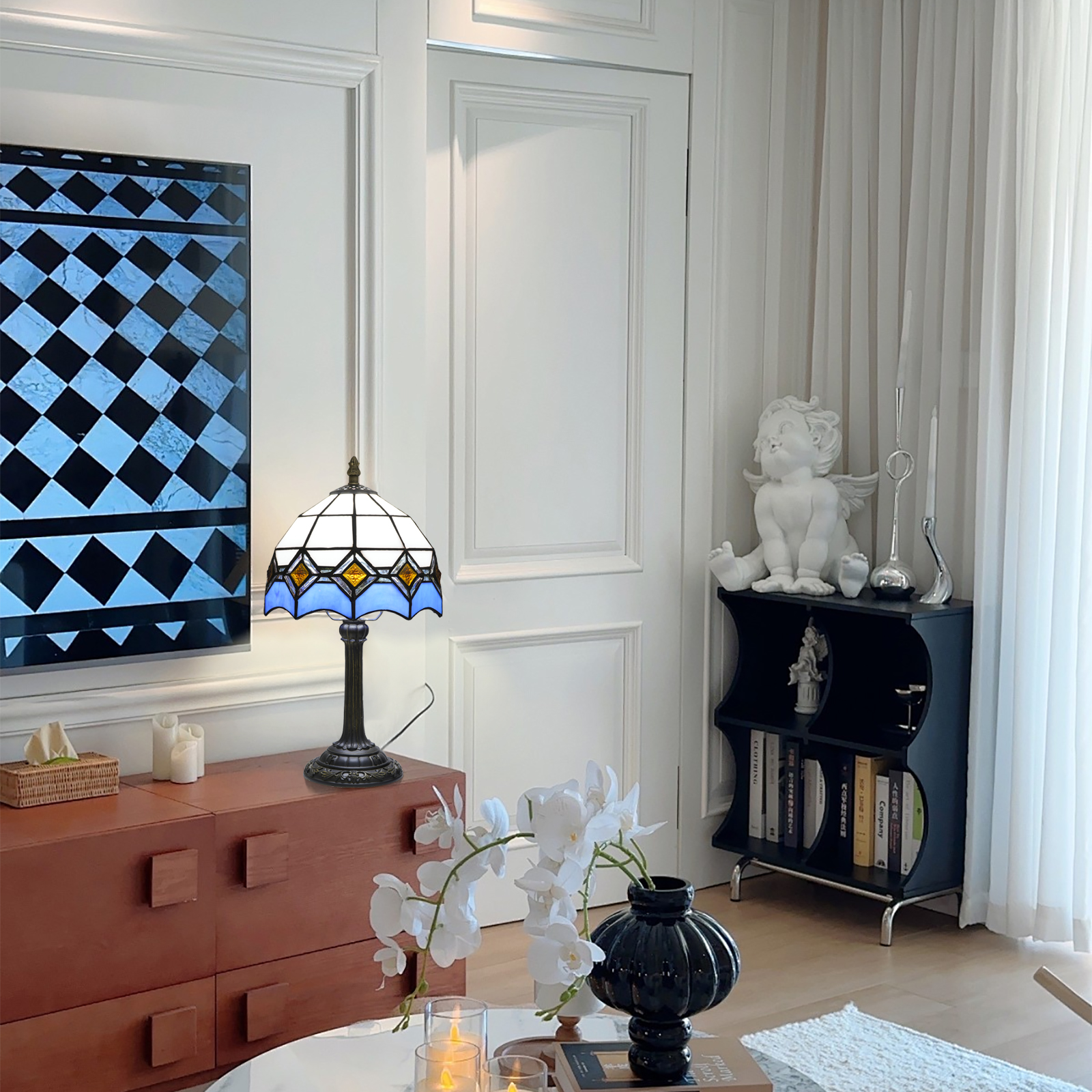 Blivuself Tiffany Stained Glass Table Lamp， 8-Inch Blue Square Minimalist Design Bedside Lamp, Handcrafted Glass Lampshade, Suitable For Home Decoration Artworks Such As Dormitories, Bedrooms And Living Rooms（OFU1267）