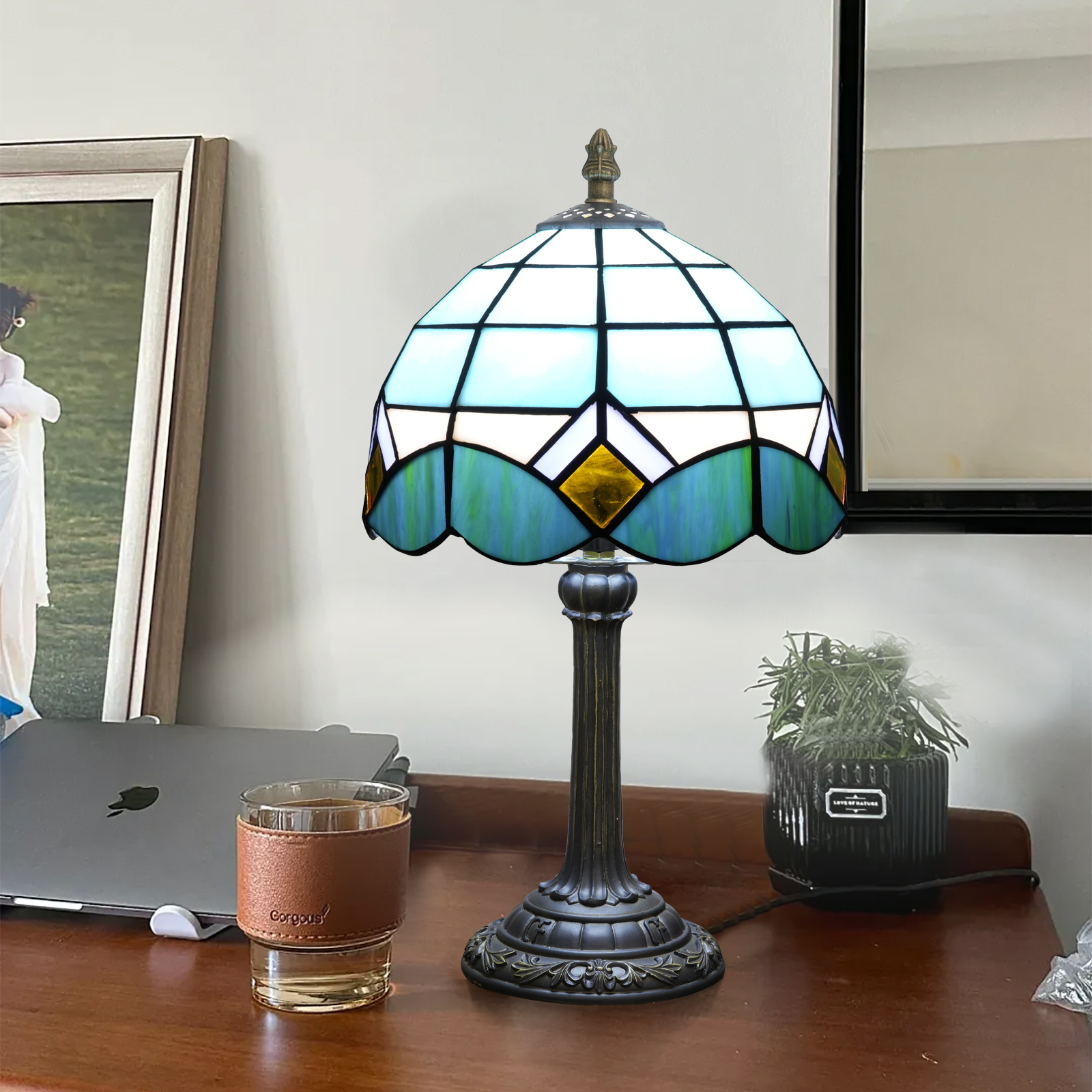 Blivuself Tiffany Stained Glass Table Lamp，8-Inch Light Blue And Simple Design Bedside Lamp, Handcrafted Glass Lampshade, Suitable For Home Decoration Artworks Such As Dormitories, Bedrooms And Living Rooms（OFU1268）