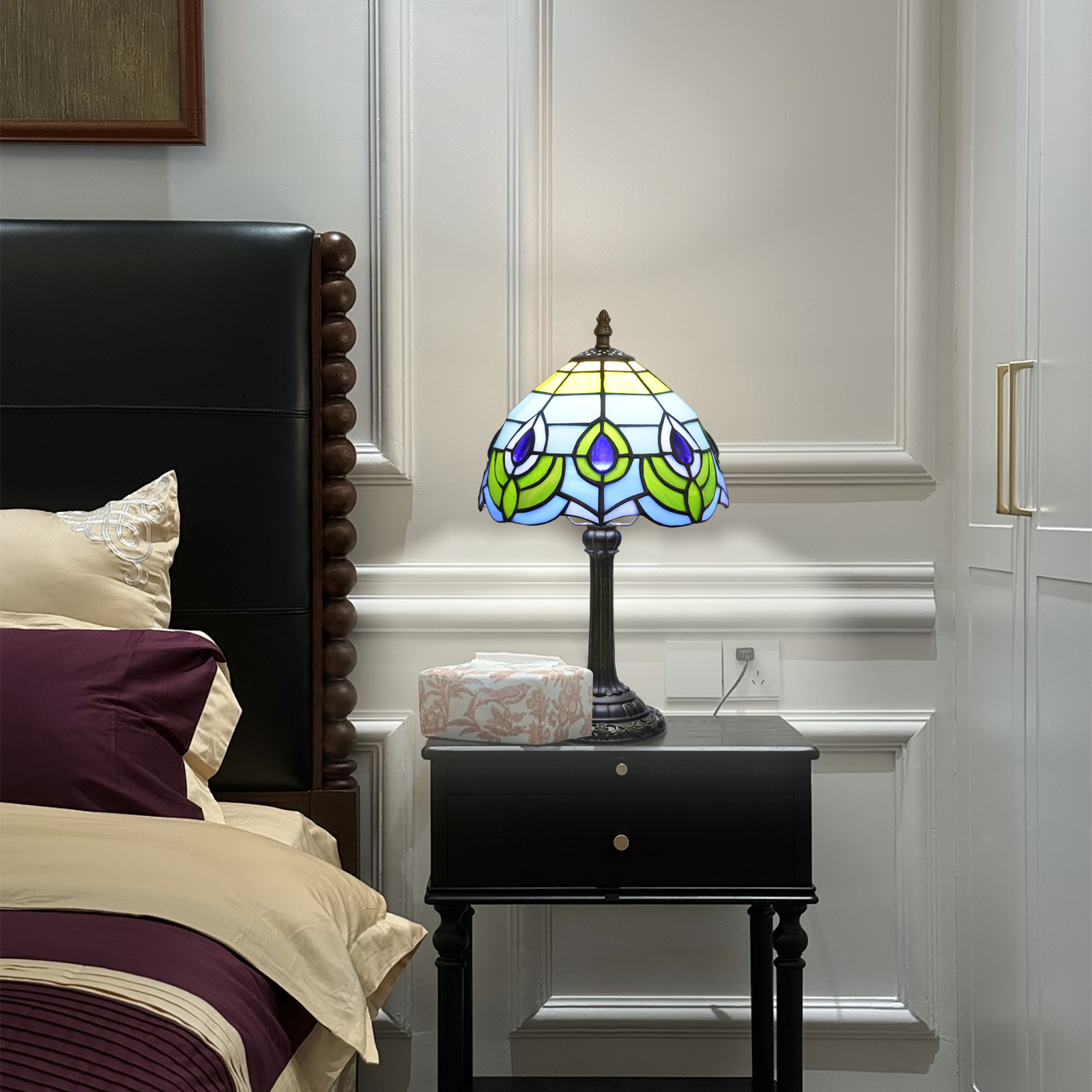 Blivuself Tiffany Stained Glass Table Lamp，8-Inch Peacock Feather Design Bedside Lamp, Handcrafted Glass Lampshade, Suitable For Home Decoration Artworks In Dormitories, Bedrooms, Living Rooms, Etc. (Blue And Green)OFU1270