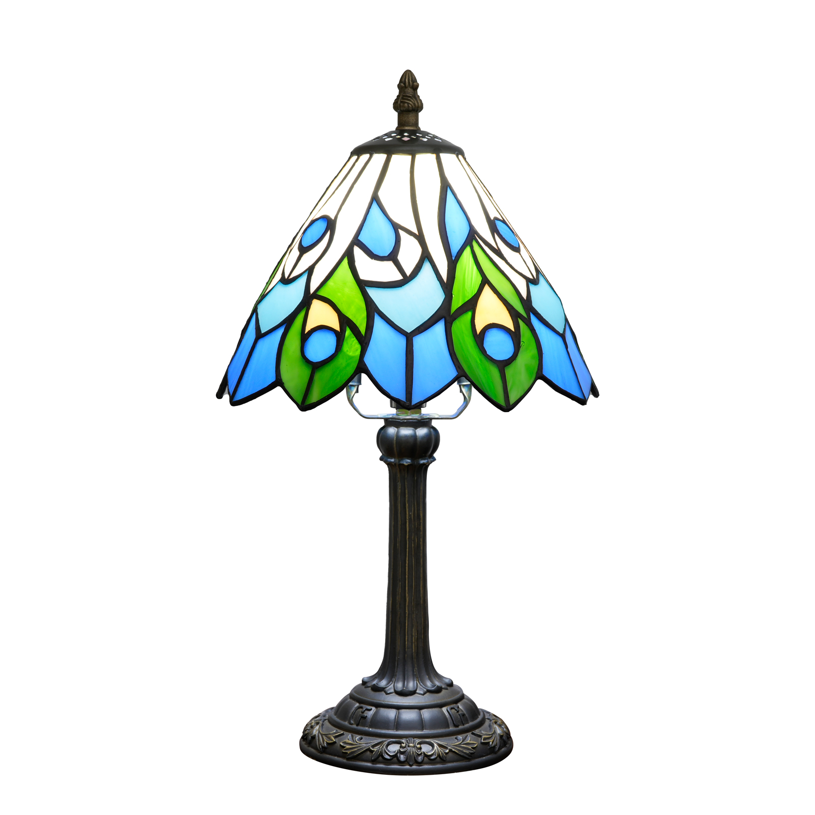 Blivuself Tiffany Stained Glass Table Lamp，8-Inch Peacock Feather Umbrella-Shaped Bedside Lamp, Handcrafted Glass Lampshade, Suitable For Home Decoration Artworks In Dormitories, Bedrooms, Living Rooms, Etc. (Blue And Green)OFU1271