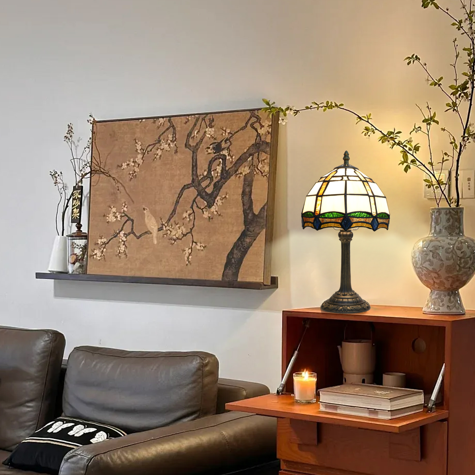 Blivuself Tiffany Stained Glass Table Lamp，8-Inch Brown Cross Design Bedside Lamp, Handcrafted Glass Lampshade, Suitable For Home Decoration Artworks Such As Dining Rooms, Bedrooms And Living Rooms（OFU1272）