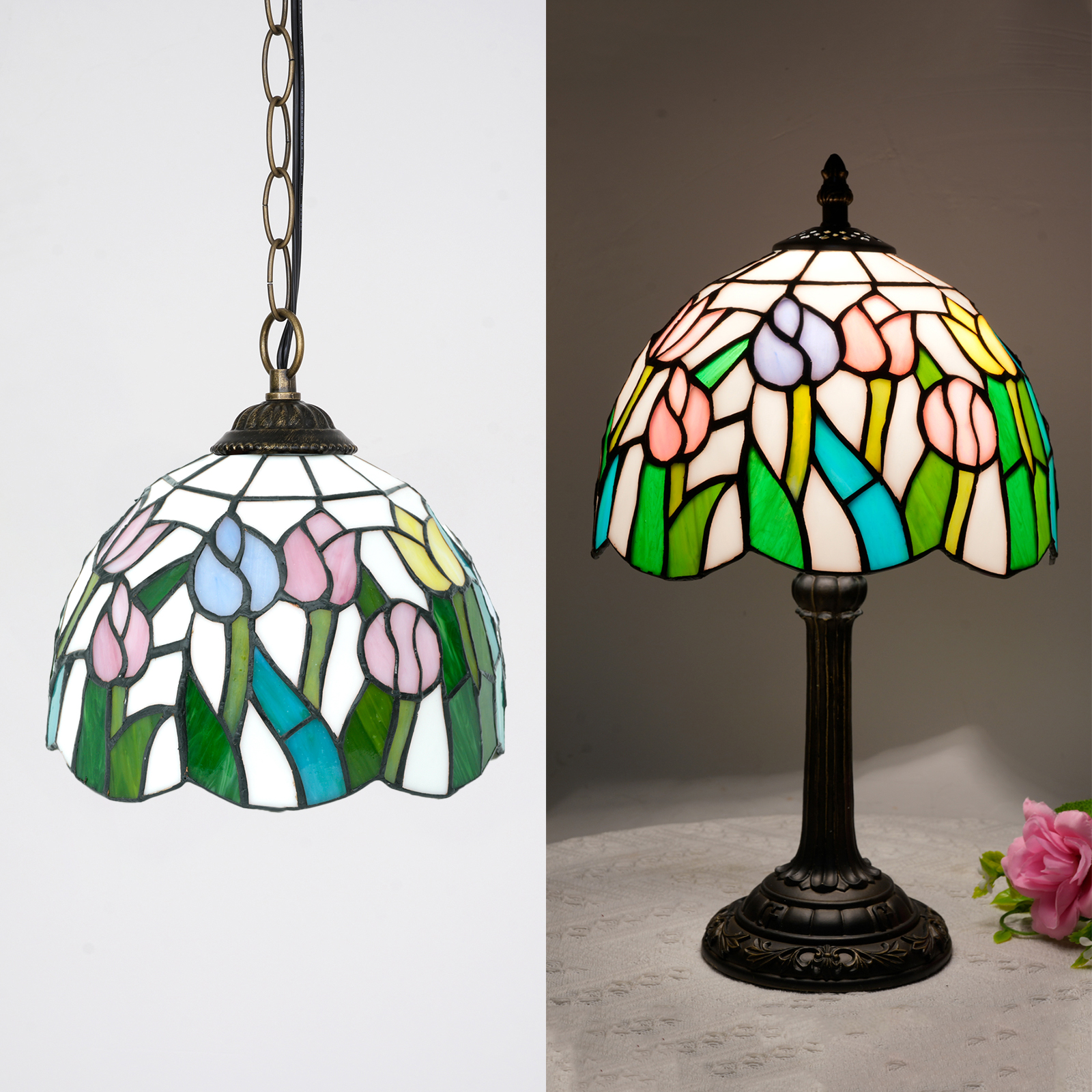 Blivuself Tiffany Stained Glass Replacement Lampshade, 8-Inch Tulip Pattern Design, Victorian Country Style, Handcrafted Artistic Small Hole Design, Pure Lampshade Without Accessories, Suitable For Table Lamps, Chandeliers, Etc (Pink, Blue)DZ08022X