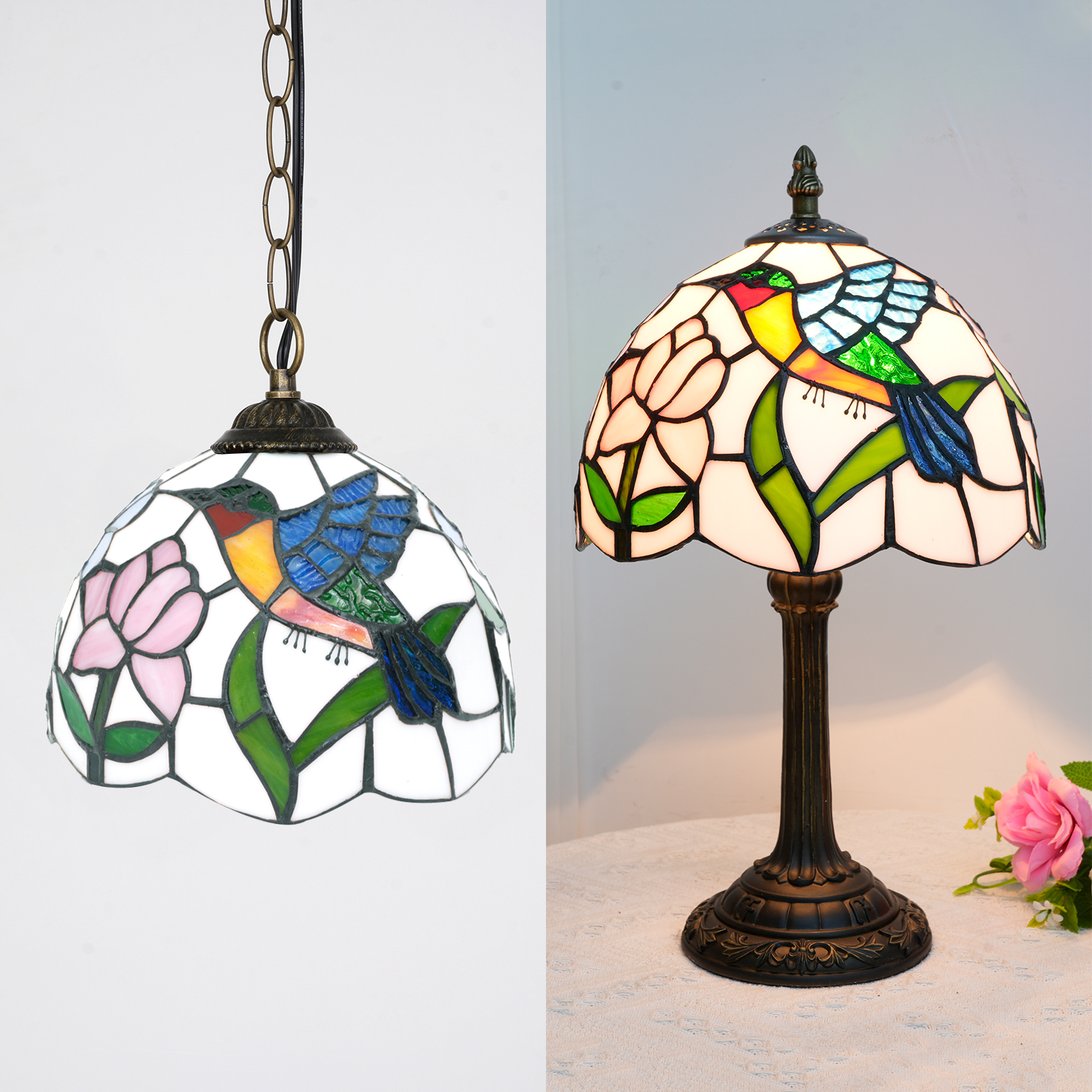 Blivuself Tiffany Stained Glass Replacement Lampshade, Tiffany Stained Glass Replacement Lampshade, 8-Inch Phoenix Bird And Two-Color Flower Design, Victorian Country Style, Handcrafted Artistic Small Hole Design, Pure Lampshade Without Accessories, Suitable For Table Lamps, Chandeliers, Etc.(Orange, Blue, Green)DZ08023X