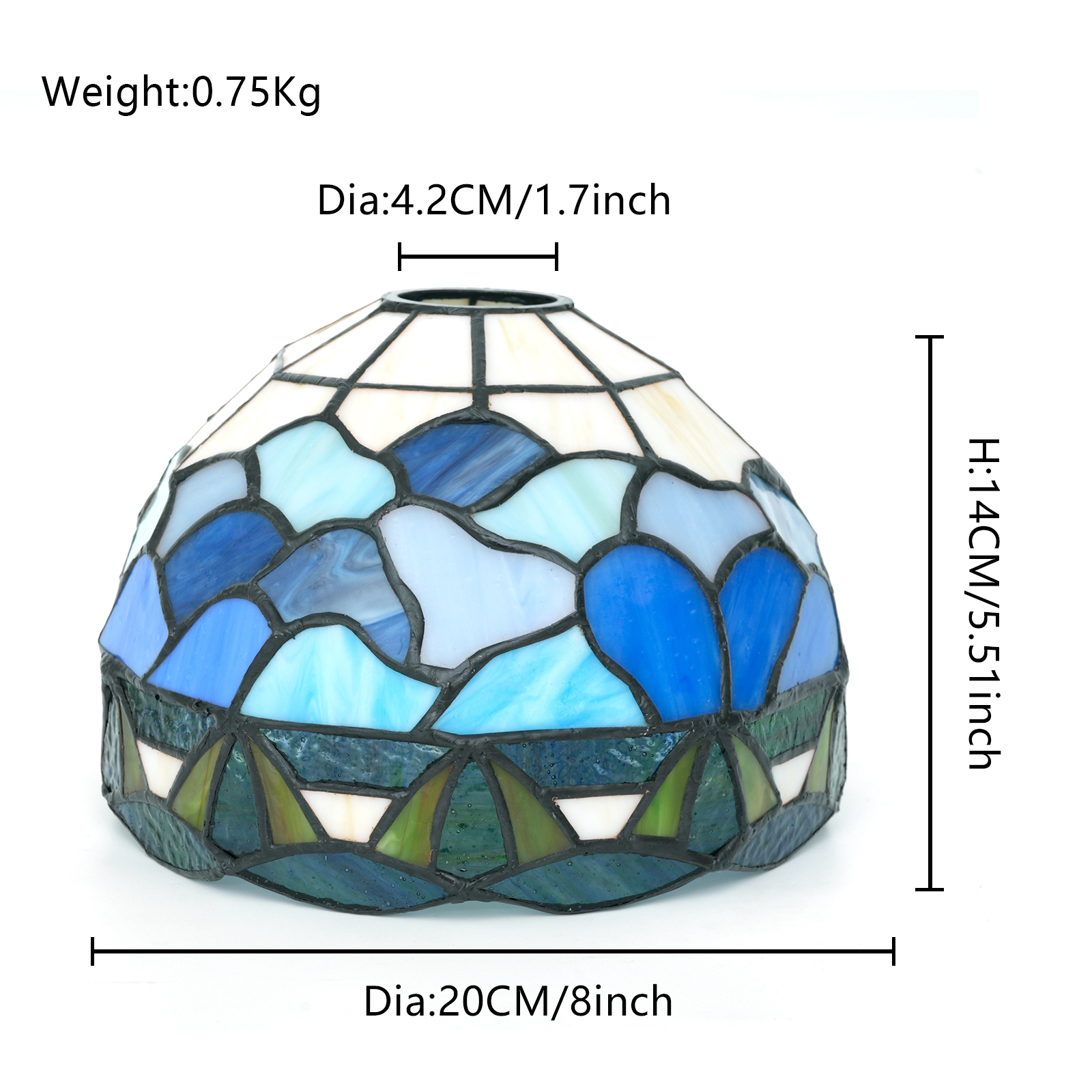 Blivuself Tiffany Stained Glass Replacement Lampshade, Warm Ocean Scenery 8-Inch Blue And White Wave Design, Handcrafted Art Large Hole Design, Pure Lampshade Without Accessories, Suitable For Ceiling Lamps, Wall Lamps, Chandeliers, Etc（DZ08024D）