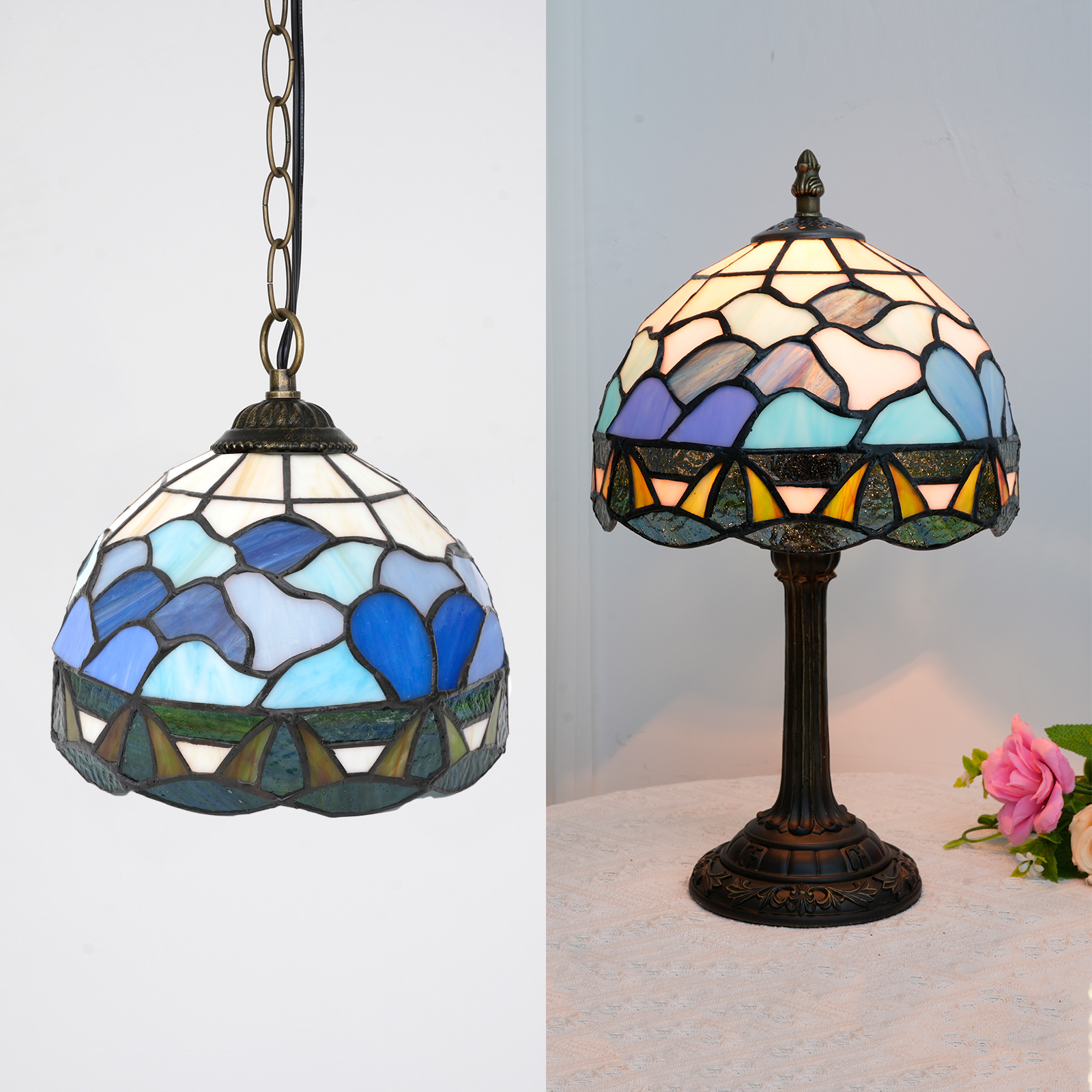 Blivuself Tiffany Stained Glass Replacement Lampshade,  Warm Ocean Scenery 8-Inch Blue And White Wave Design, Handcrafted Artistic Small Hole Design, Pure Lampshade Without Accessories, Suitable For Chandeliers, Table Lamps, Etc（DZ08024X）