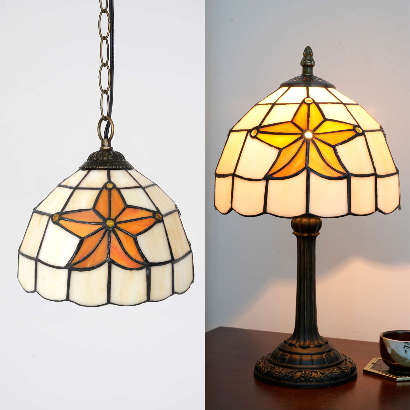 Blivuself Tiffany Stained Glass Replacement Lampshade,  Warm 8-Inch Orange Starfish Design, Handcrafted Artistic Small Hole Design, Pure Lampshade Without Accessories, Suitable For Chandeliers, Table Lamps, Etc（DZ08029X）