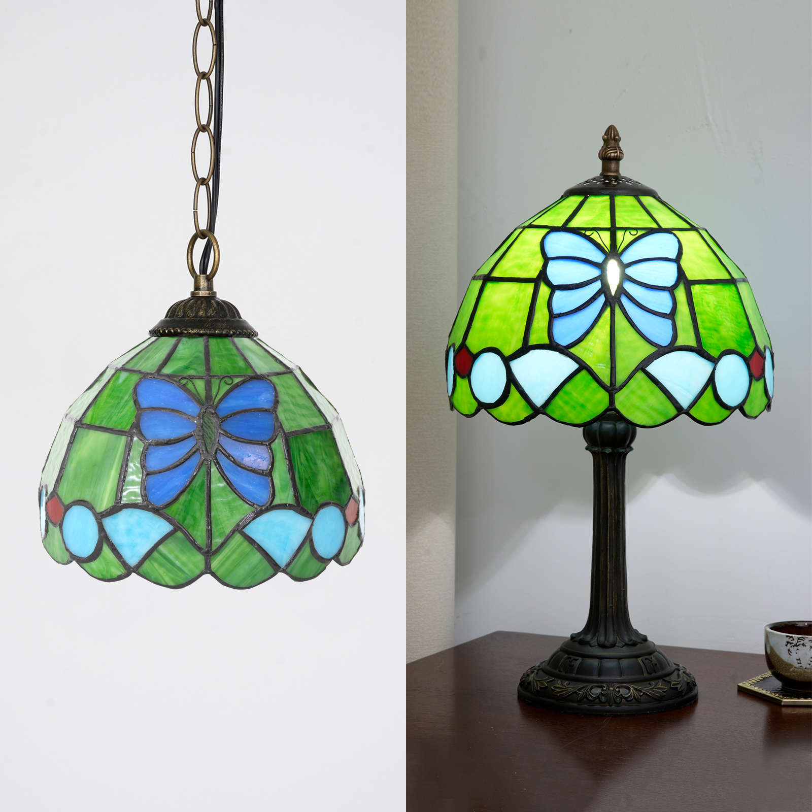 Blivuself Tiffany Stained Glass Replacement Lampshade, 8-Inch Blue Butterfly Pattern Victorian Design, Handcrafted Artistic Small Hole Design, Pure Lampshade Without Accessories, Suitable For Chandeliers, Table Lamps, Etc（DZ08032X）
