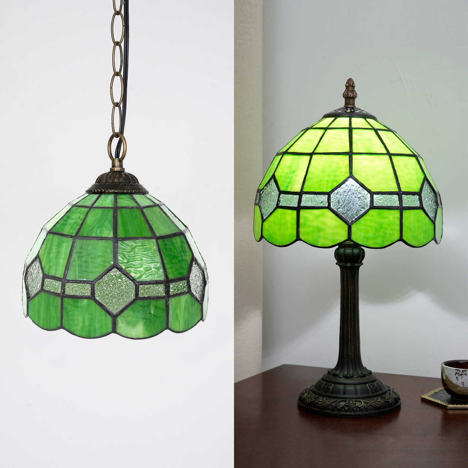 Blivuself Tiffany Stained Glass Replacement Lampshade, 8-Inch Simple Style, Handcrafted Artistic Small Hole Design, Pure Lampshade Without Accessories, Suitable For Chandeliers, Table Lamps, Etc. (Green)DZ08033X
