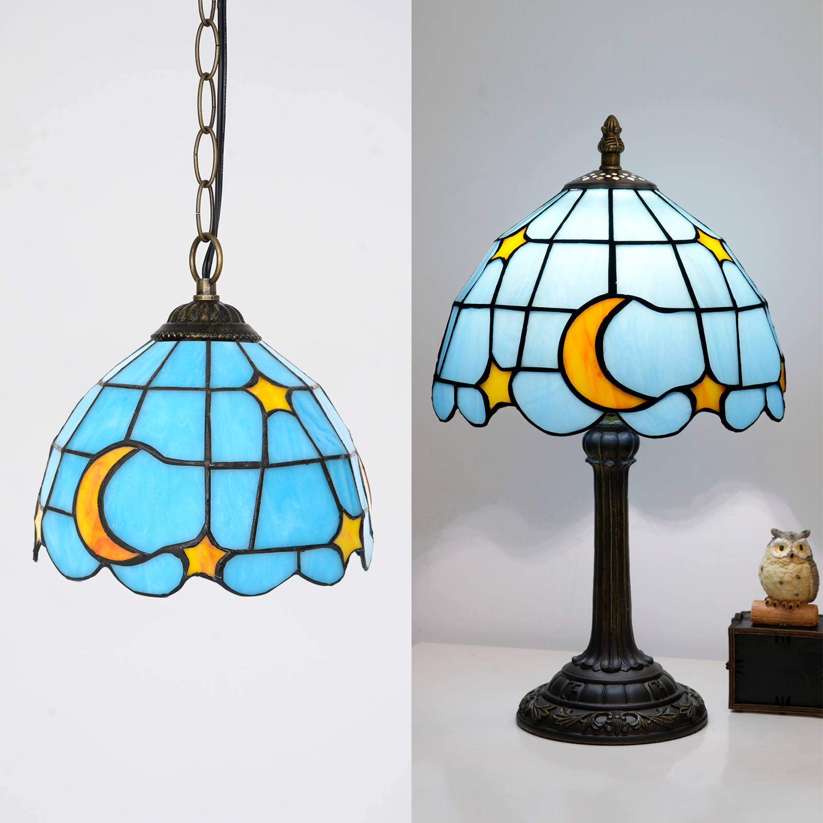Blivuself Tiffany Stained Glass Replacement Lampshade, 8 Inches Warm Star And Moon Pattern, Handmade Small Hole Crafts, Suitable For Table  Lamp Chandelier And Other Home Decoration Art (Blue，DZ08040X)