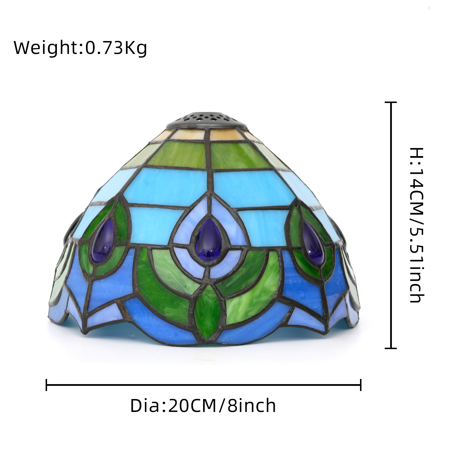 Blivuself Tiffany Stained Glass Replacement Lampshade,  8-Inch Blue Pearl Peacock Tail Pattern, Handcrafted Small Hole Handicrafts, Suitable For Home Decoration Art Such As Table Lamps And Chandeliers (Green And Cyan)