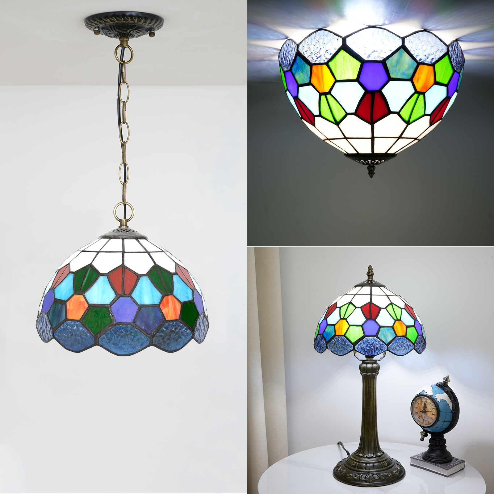 Blivuself Tiffany Stained Glass Replacement Lampshade, 10-Inch Colored Diamond Grid, Handcrafted Glass Small Hole Handicrafts, Suitable For Home Decoration Art Such As Table Lamps And Chandeliers（DZ08043X）