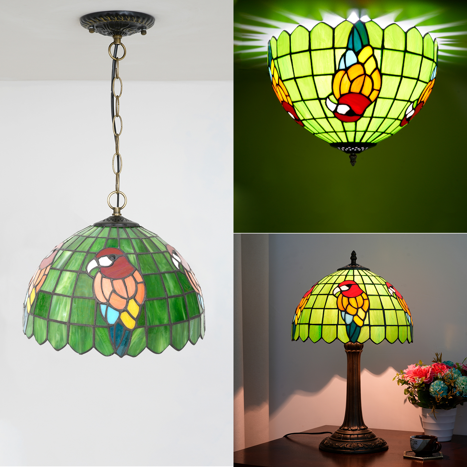 Blivuself Tiffany Stained Glass  Replacement Lampshade, 12-Inch Green Background Red Parrot Lampshade, Handcrafted Small Hole Technique, Suitable For Home Decoration Art Such As Chandeliers And Floor Lamps（DZ12002X）