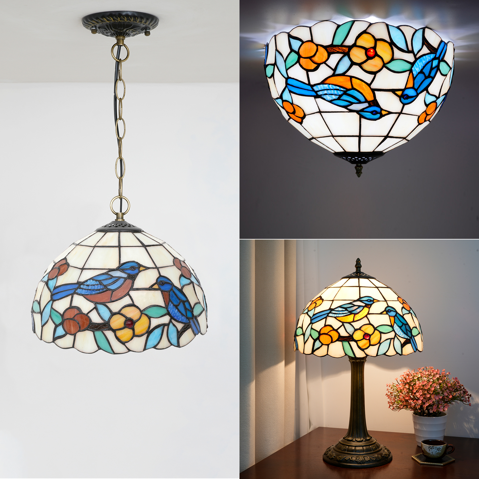 Blivuself Tiffany Stained Glass Replacement Lampshade,  12-Inch Robin Plum Blossom Pattern, Handcrafted Small Hole Technique, Suitable For Table Lamps, Floor Lamps, Chandeliers And Home Decoration (1pcs, Blue, Red, Yellow)DZ12017X