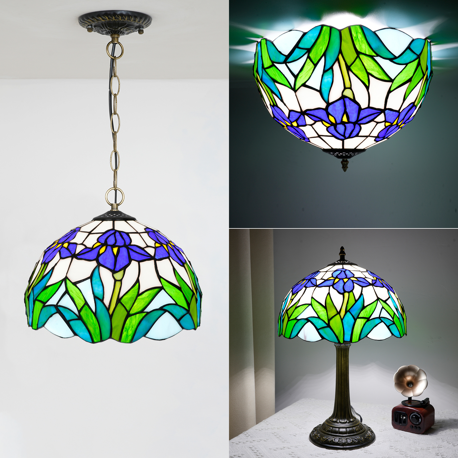 Blivuself Tiffany Stained Glass Replacement Lampshade,12-Inch Victoria Blue Iris Pattern, Hand-Pinhole Craftsmanship, Suitable For Table Lamps, Floor Lamps, Chandeliers And Home Decoration (1pcs，DZ12018X)