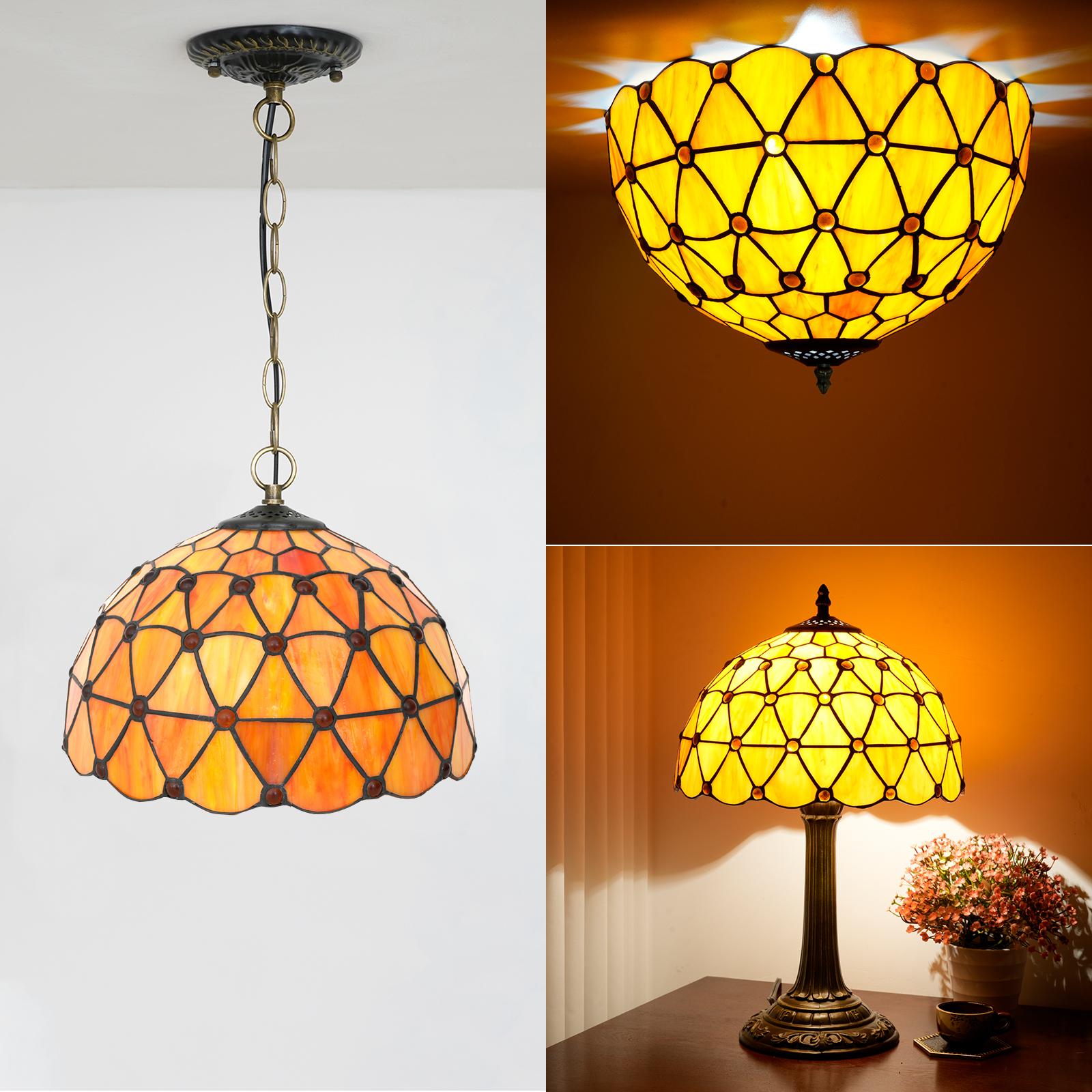 Blivuself Tiffany Stained Glass Replacement Lampshade,12-Inch Retro Orange Tea Beads, Hand-Pinhole Craftsmanship, Suitable For Table Lamps, Floor Lamps, Chandeliers And Home Decorations (1pcs，DZ12019X)