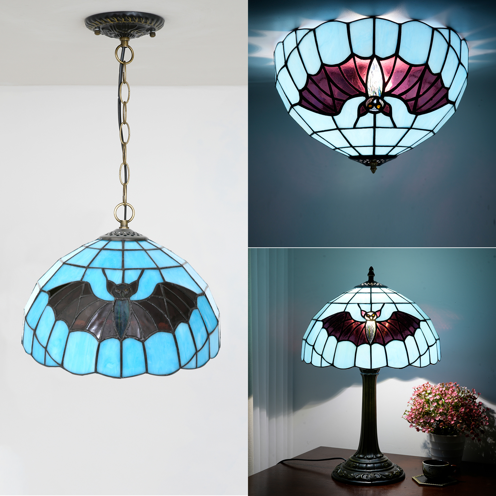 Blivuself Tiffany Stained Glass Replacement Lampshade,12-Inch Personalized Blue Background Black Bat, Handcrafted Small Hole Process, Suitable For Table Lamps, Floor Lamps, Chandeliers And Home Decoration (1pcs，DZ12020X)