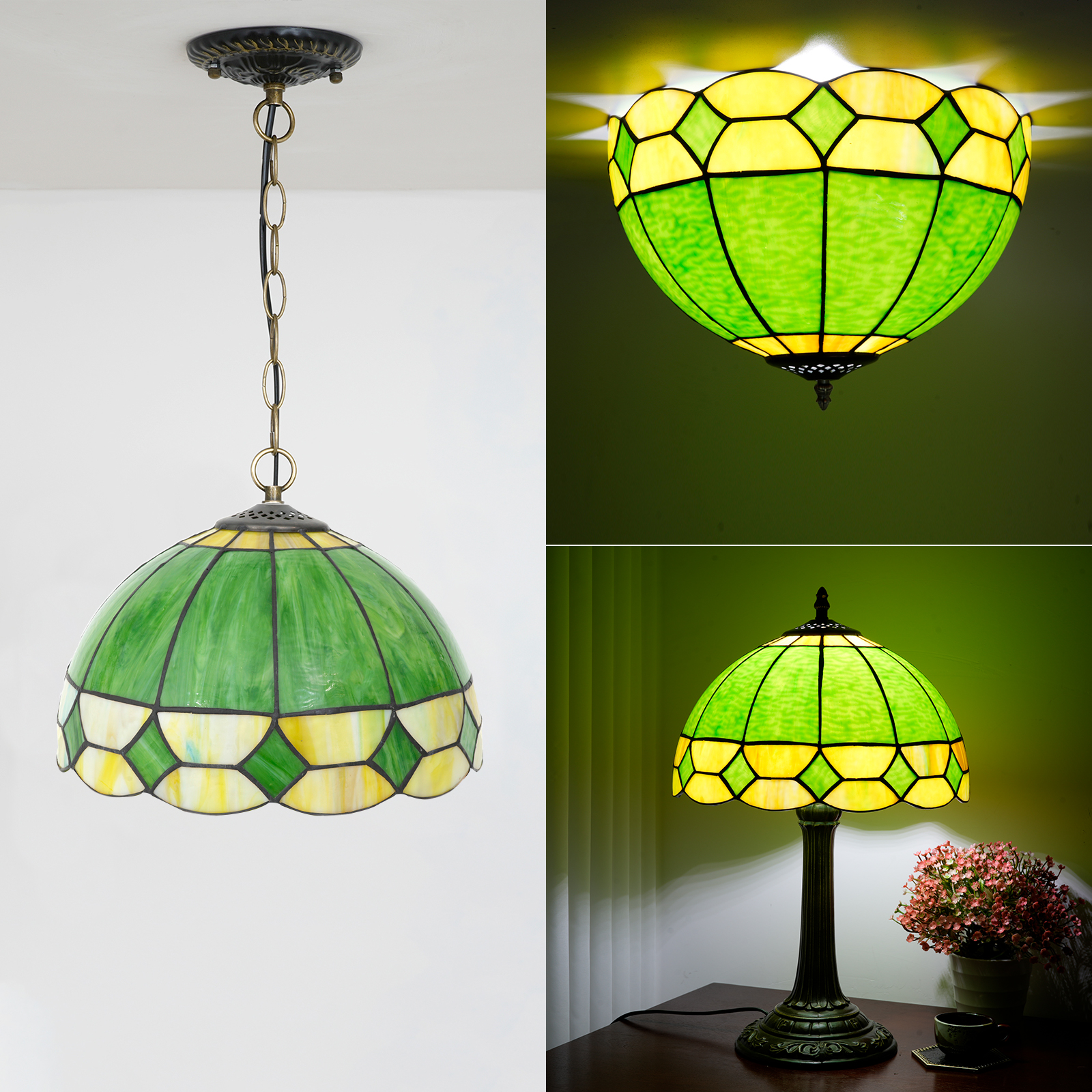 Blivuself Tiffany Stained Glass Replacement Lampshade，12-Inch Retro Green And Yellow Baked Bend, Handcrafted Small Hole Technique, Suitable For Table Lamps, Floor Lamps, Chandeliers And Home Decoration (1pcs，DZ12021X)