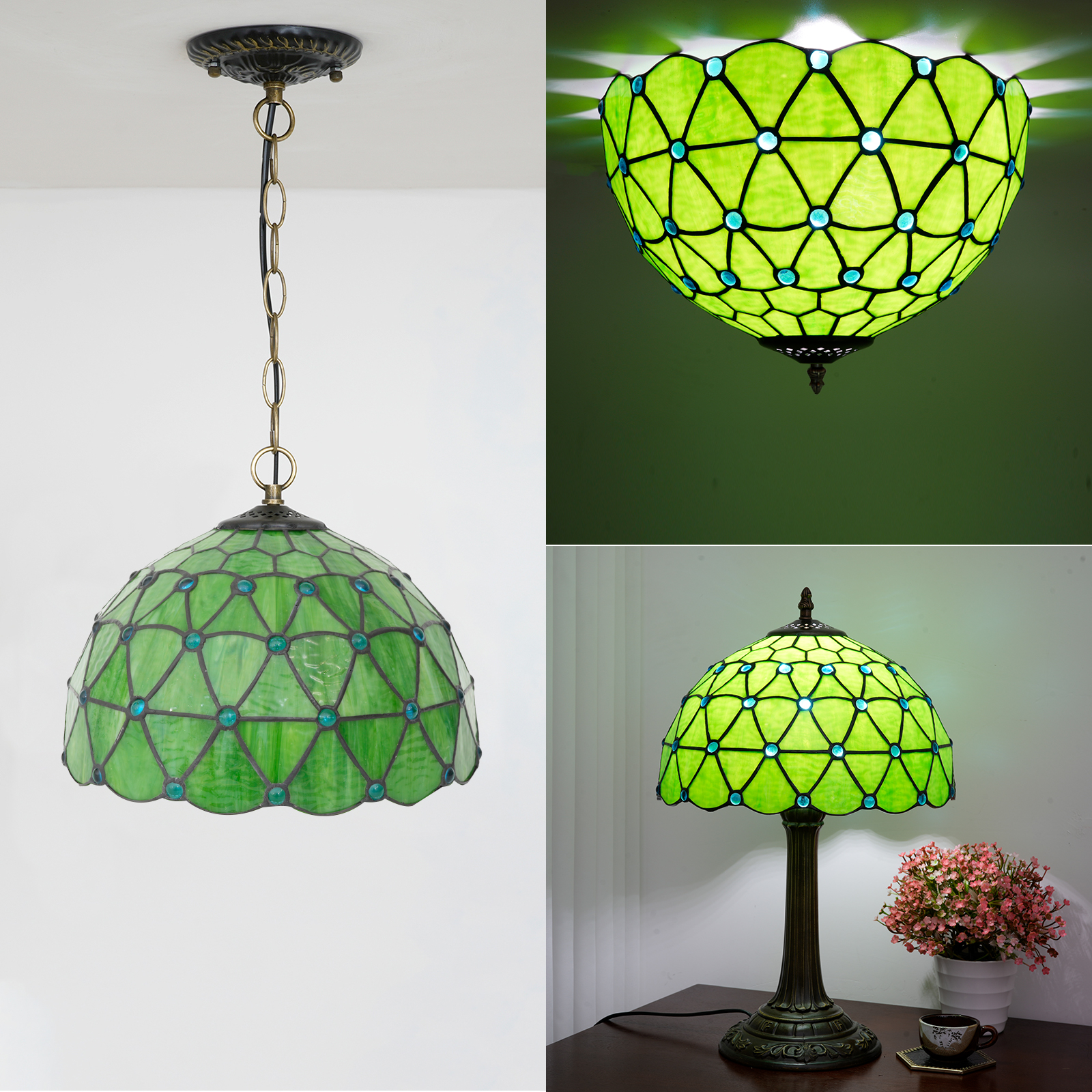 Blivuself Tiffany Stained Glass Replacement Lampshade，12-Inch Retro Country Green Blue Beads, Hand-Pinhole Craftsmanship, Suitable For Table Lamps, Floor Lamps, Chandeliers And Home Decoration (1pcs，DZ12023X)