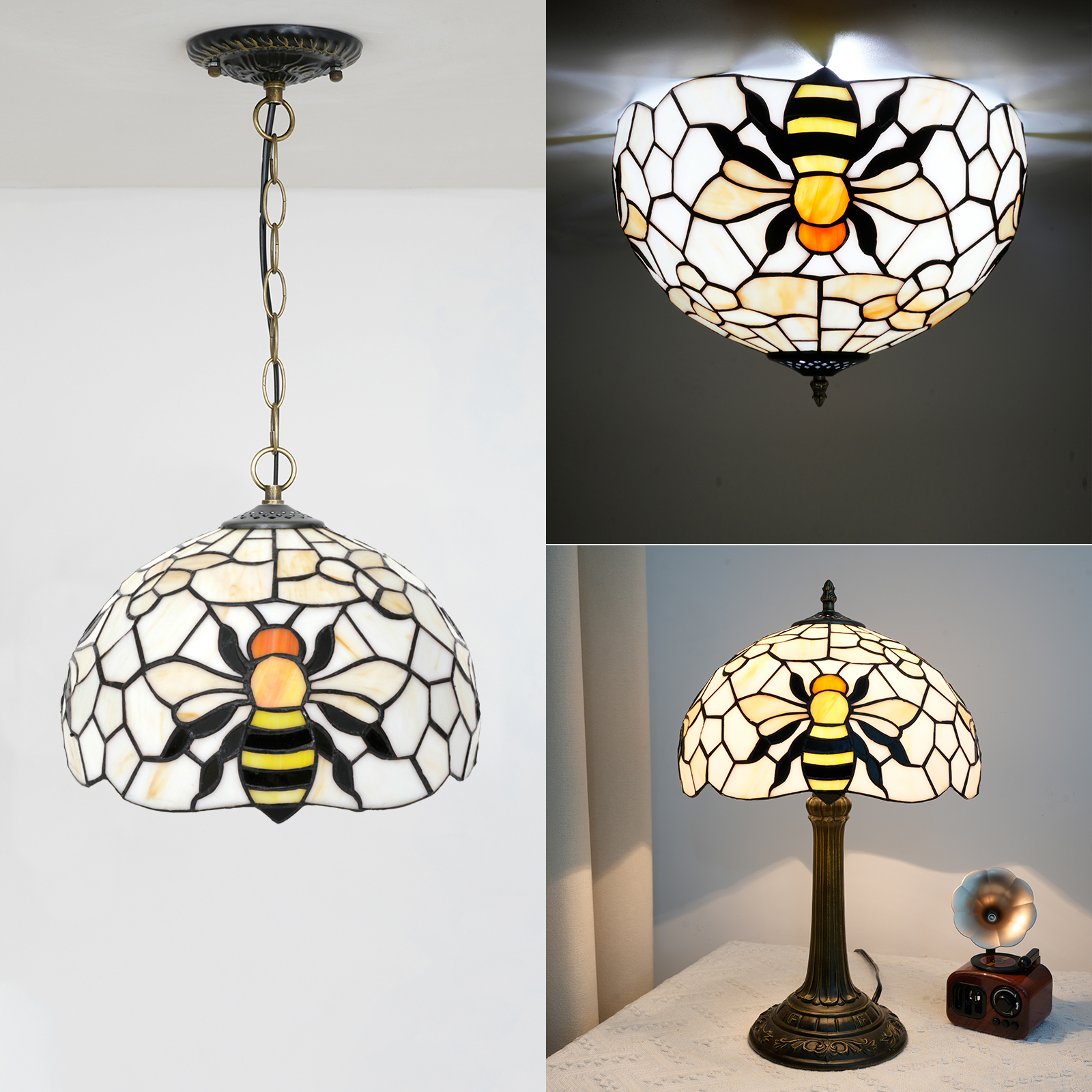 Blivuself Tiffany Stained Glass Replacement Lampshade，12-Inch Country Yellow Little Bee, Handcrafted Small Hole Design, Suitable For Table Lamps, Floor Lamps, Chandeliers And Home Decoration (1pcs, White Background)DZ12024X