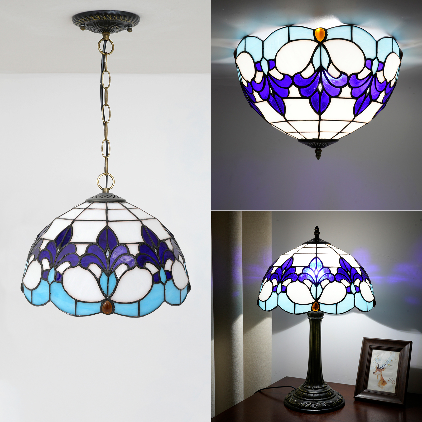 Blivuself Tiffany Style Stained Glass Replacement Lampshade, Victorian Style Blue Iris, Handcrafted Small Holes, Suitable For Home Decoration Art Such As Table Lamps, Floor Lamps And Chandeliers（DZ12026X）