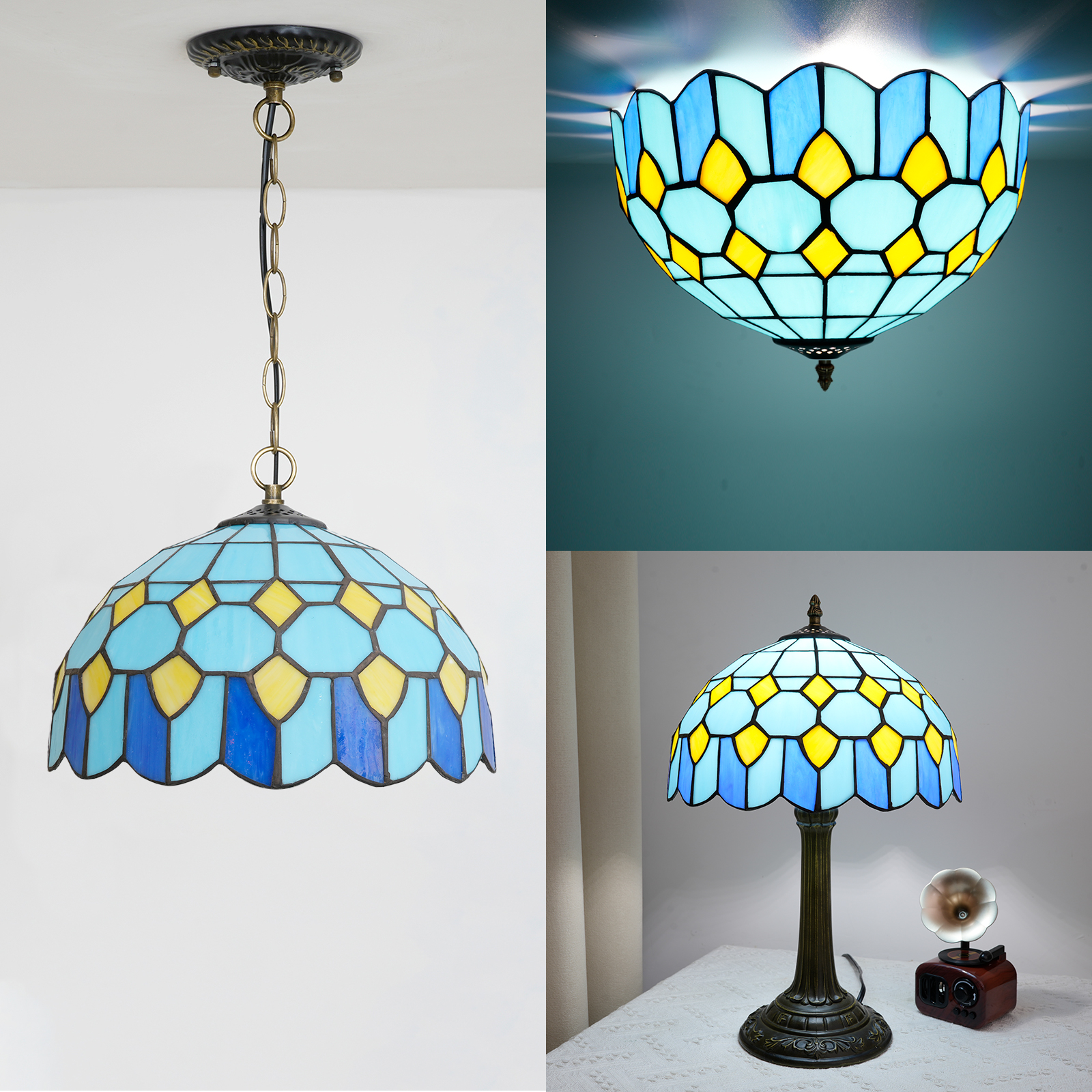 Blivuself Tiffany Style Stained Glass Replacement Lampshade, Blue And Yellow Square Handcrafted Small Holes, Suitable For Home Decoration Art Such As Table Lamps, Floor Lamps And Chandeliers（DZ12028X）