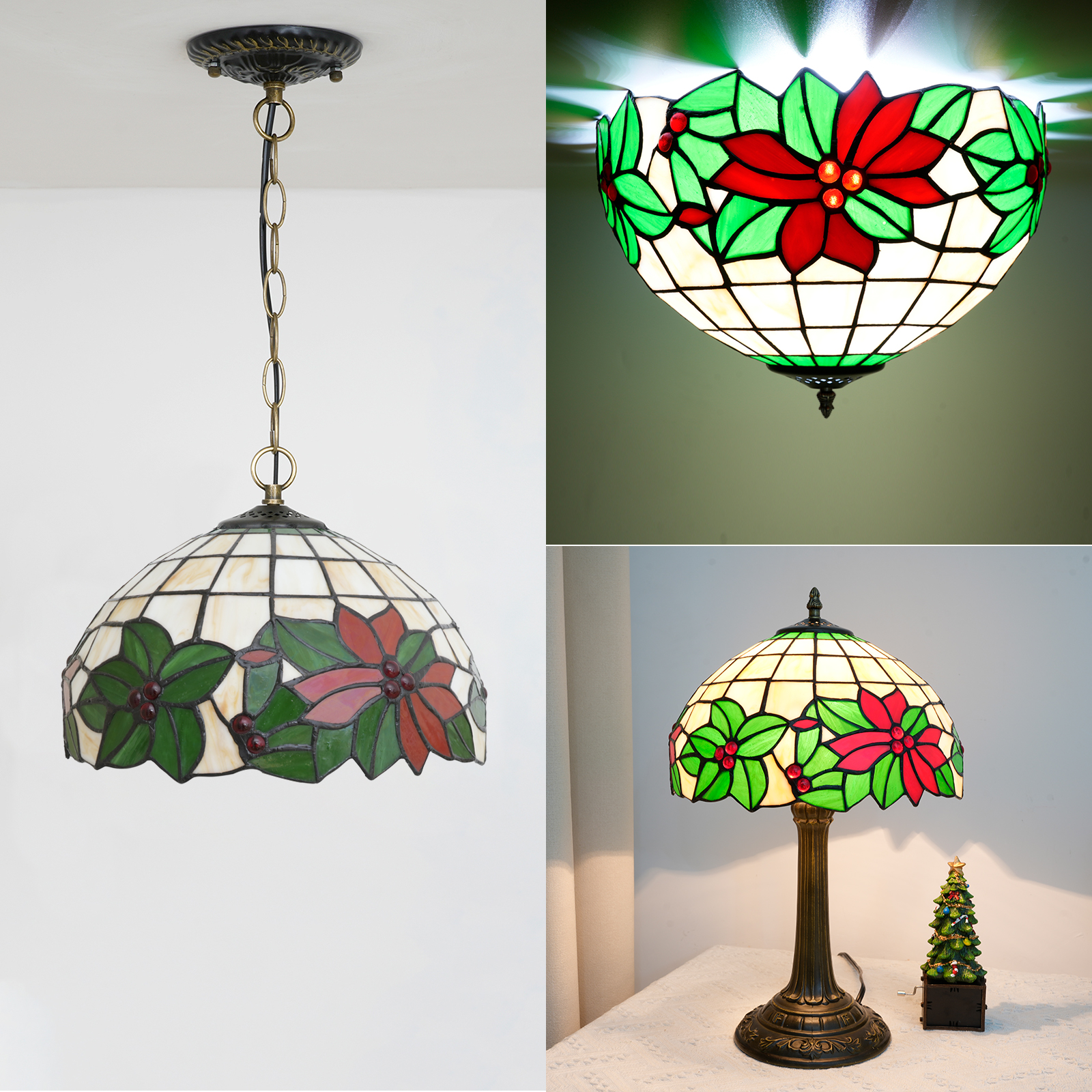 Blivuself Tiffany Stained Glass Replacement Lampshade, 12-Inch Christmas-Themed Handcrafted, Suitable For Table Lamps, Floor Lamps And Chandeliers (Red And Green)DZ12027X