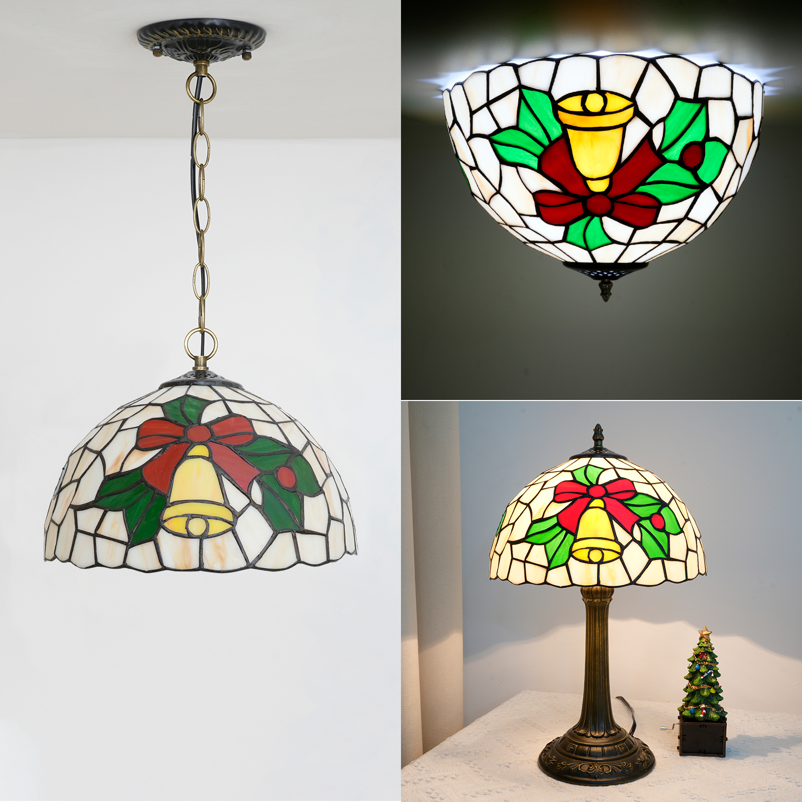 Blivuself Tiffany Stained Glass Replacement Lampshade, 12-Inch Christmas-Themed Yellow Bell Pattern Handcrafted, Suitable For Table Lamps, Floor Lamps And Chandeliers (With Small Holes)DZ12029X
