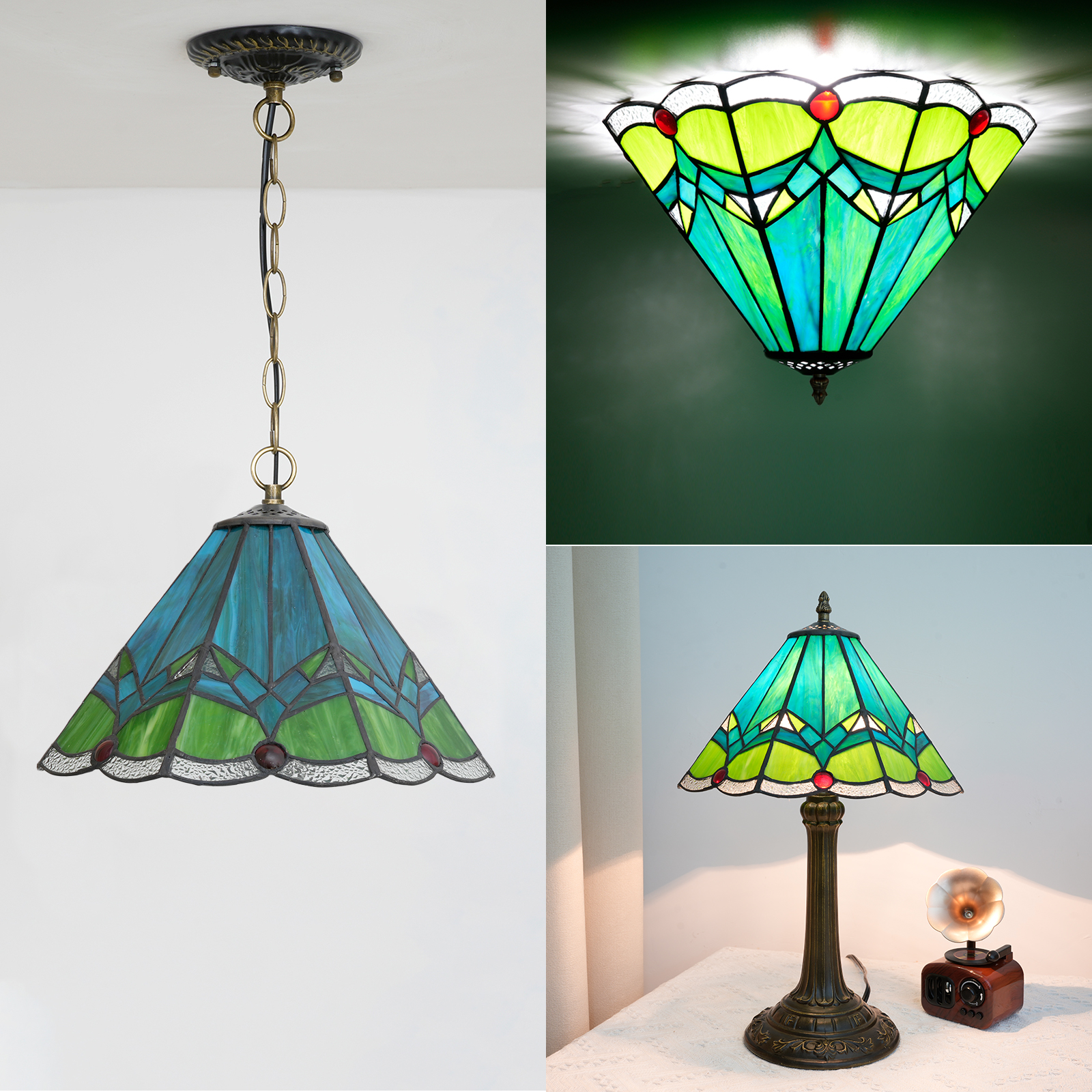 Blivuself Tiffany Stained Glass Replacement Lampshade,  12-Inch Retro-Style Red Pearl Cyan Umbrella-Shaped Lampshade, Handcrafted, Suitable For Home Decoration Art Such As Table Lamps, Floor Lamps And Chandeliers (Small Hole)DZ12031X