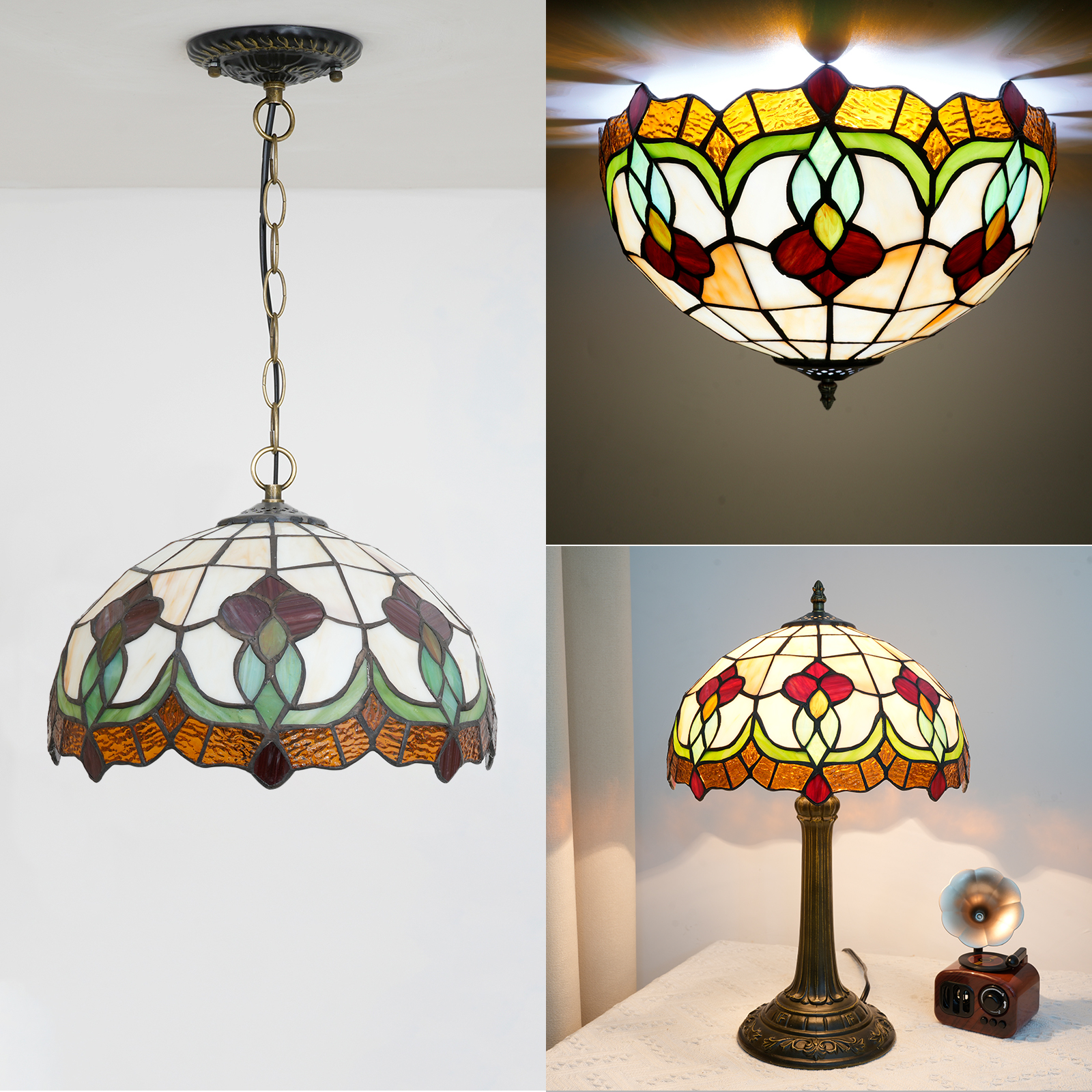 Blivuself Tiffany Stained Glass Replacement Lampshade, 12-Inch Retro-Style Brownish Red Small Flower Lampshade, Handcrafted, Suitable For Home Decoration Art Such As Table Lamps, Floor Lamps And Chandeliers (Small Hole)DZ12032X