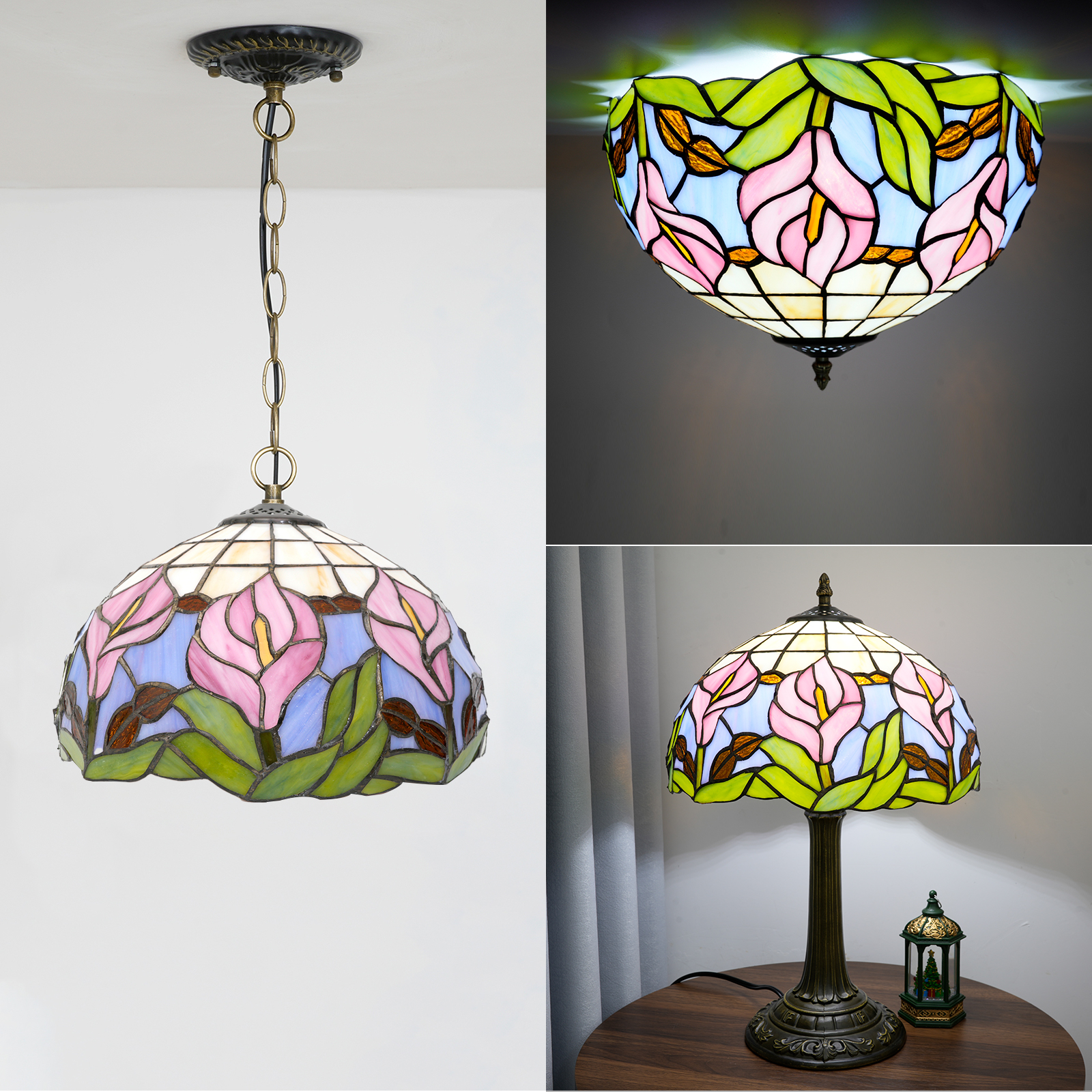 Blivuself Tiffany Stained Glass Replacement Lampshade,12-Inch Victoria Calla Lily Pattern Lampshade, Handcrafted Small Holes, Suitable For Home Decoration Art Such As Table Lamps, Floor Lamps And Chandeliers (Pink And Blue)DZ12033X 