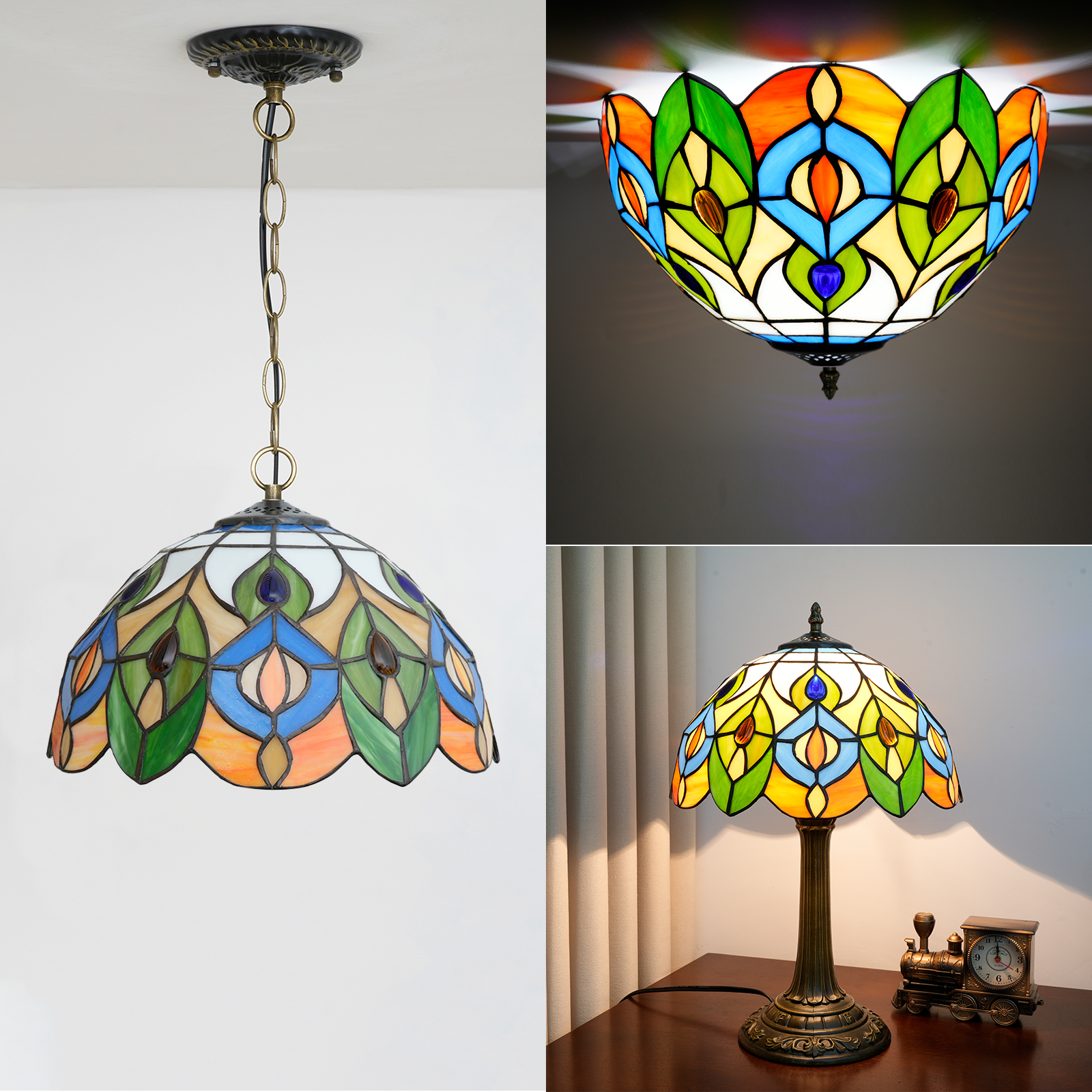 Blivuself Tiffany Stained Glass Replacement Lampshade, 12-Inch Retro-Style Grass Green Peacock Feather Pattern Lampshade, Handcrafted Small Holes, Suitable For Home Decoration Art Such As Table Lamps, Floor Lamps And Chandeliers (Orange, Blue And Green)DZ12034X