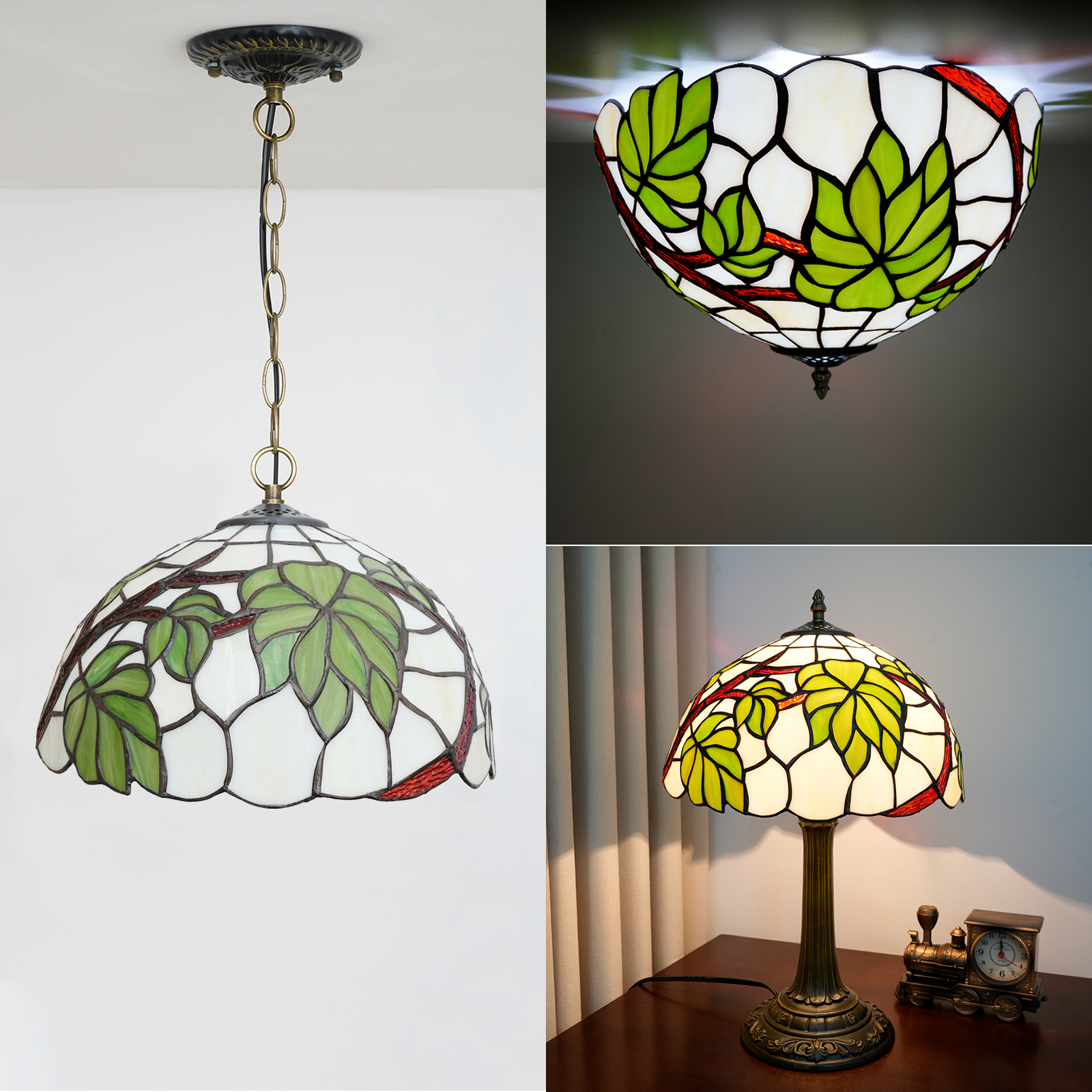 Blivuself Tiffany Stained Glass Replacement Lampshade, 12-Inch Country-Style Green Grape Leaf Pattern Lampshade, Handcrafted Small Holes, Suitable For Home Decoration Art Such As Table Lamps, Floor Lamps And Chandeliers（DZ12035X）