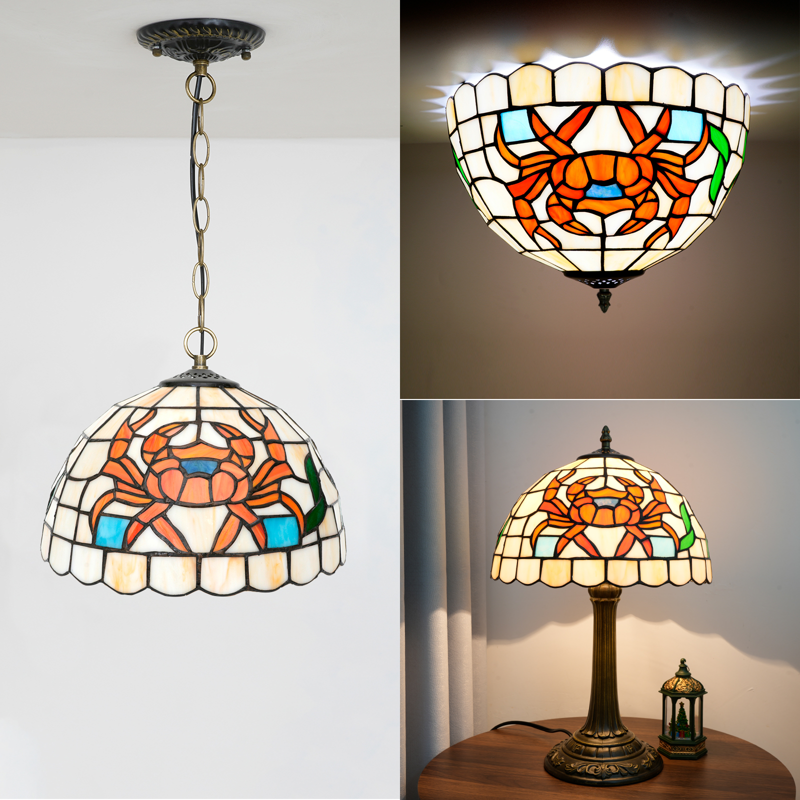 Blivuself Tiffany Stained Glass Replacement Lampshade, 12-Inch Ocean Spirit Orange Crab Pattern Lampshade, Handcrafted Small Holes, Suitable For Home Decoration Art Such As Table Lamps, Floor Lamps And Chandeliers（DZ12038X）