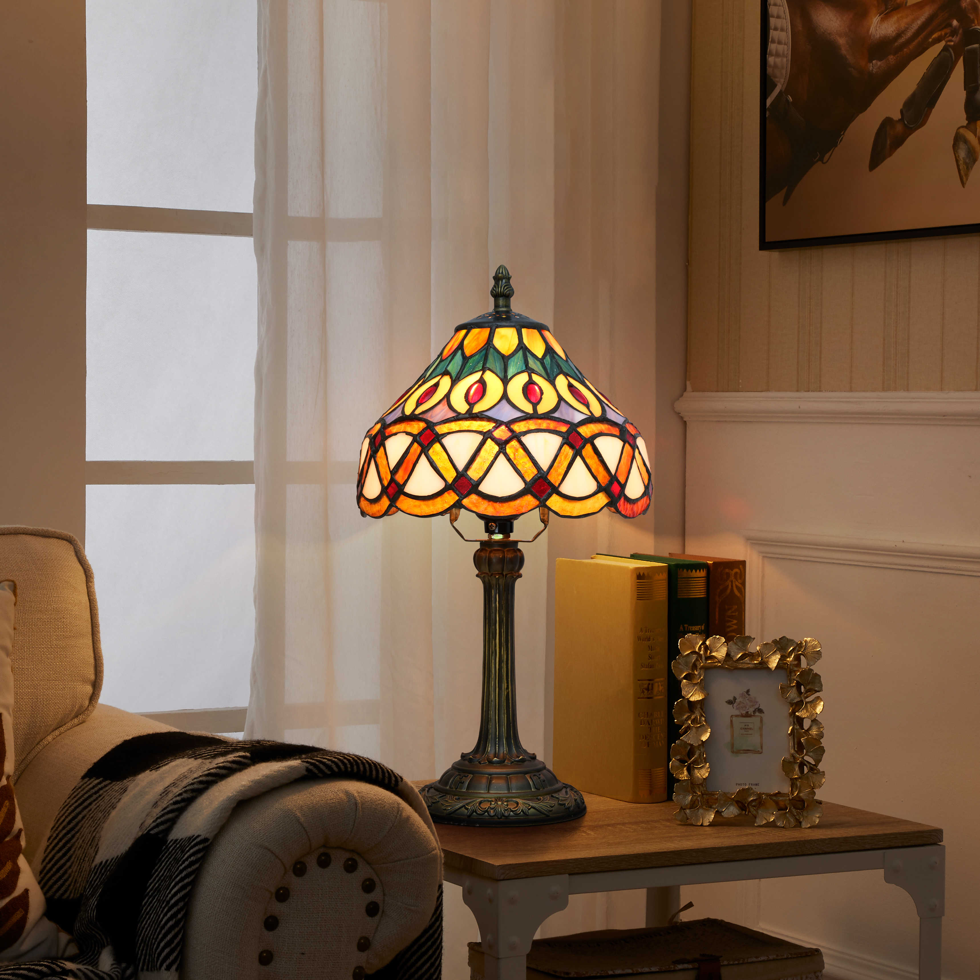 Blivuself Tiffany Stained Glass Yellow Peacock Tail Table Lamp Bedroom Bedside Reading Light Office Dorm Bar Vintage Style Decor Unique Lovely Cottage 8 Inch Country Nightstand Light 8 Inch Peacock Lamp With Yellow Base OFU1124