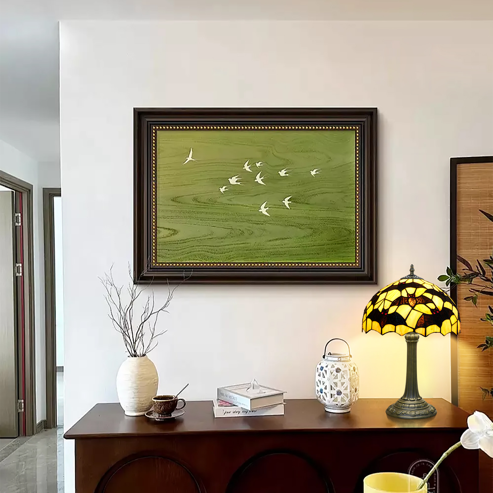 Blivuselftiffany Style Table Lamp, 12-Inch Retro Dark Elf Bat Pattern Bedside Lamp, Handcrafted Glass Lampshade, Suitable For Home Decoration Art In Bedrooms, Dormitories, Dining Rooms, Etc（Orange And Black)-OFT1287