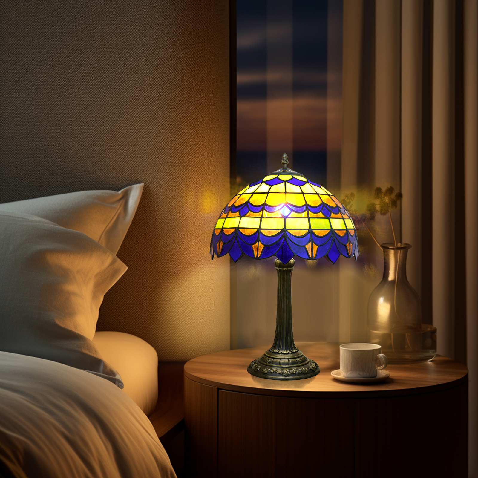 Blivuself Tiffany Style Table Lamp, 12-Inch Retro Translucent Bedside Lamp, Handcrafted Glass Lampshade, Suitable For Home Decoration Art In Bedrooms, Dormitories, Dining Rooms, Etc. (Blue And Brown)-OFT1288