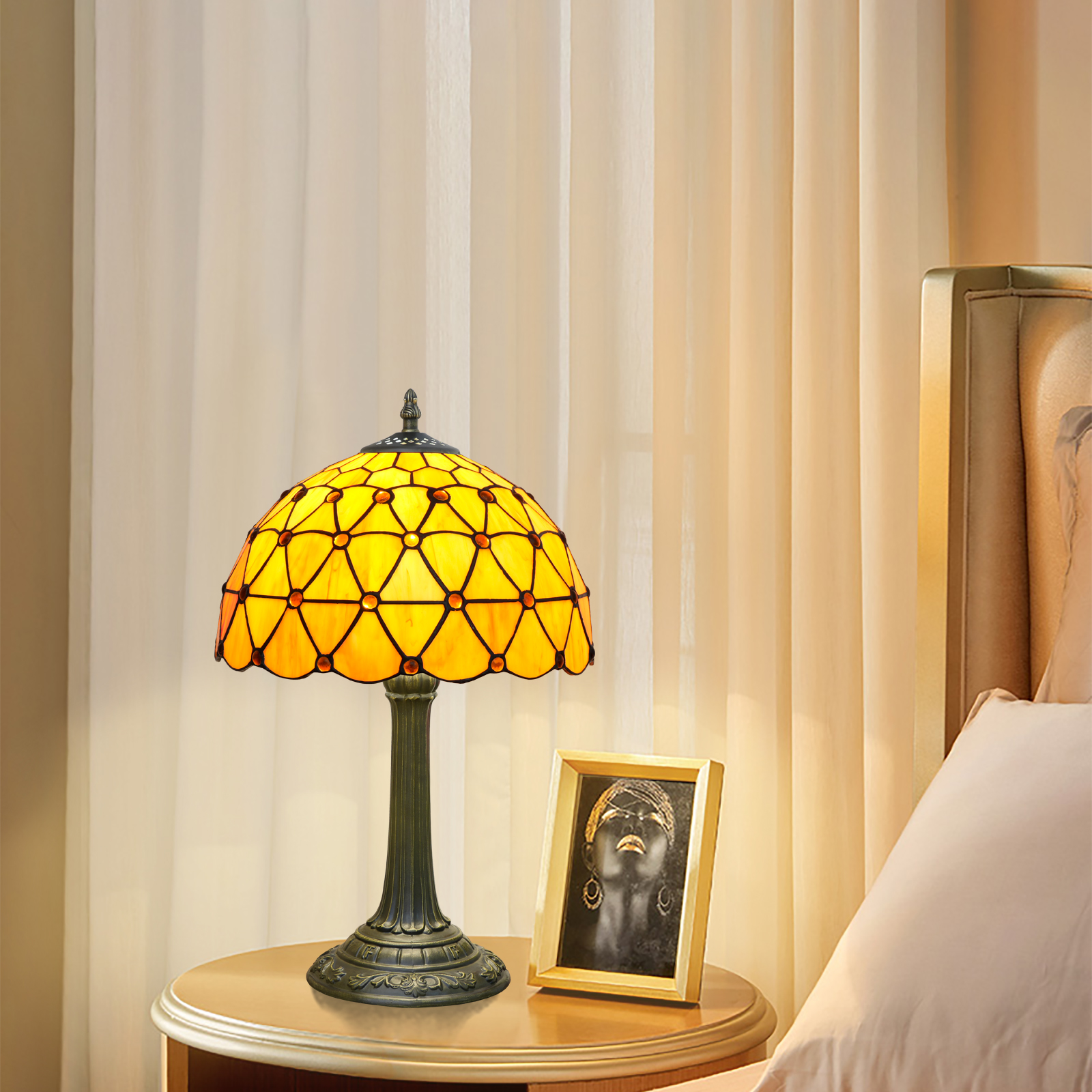 Blivuself Tiffany Style Stained Glass Table Lamp, 12-Inch Orange Retro Bedside Lamp, Handcrafted, Suitable For Home Decoration Art In Bedrooms, Dormitories, Dining Rooms, Etc（OFT1314）