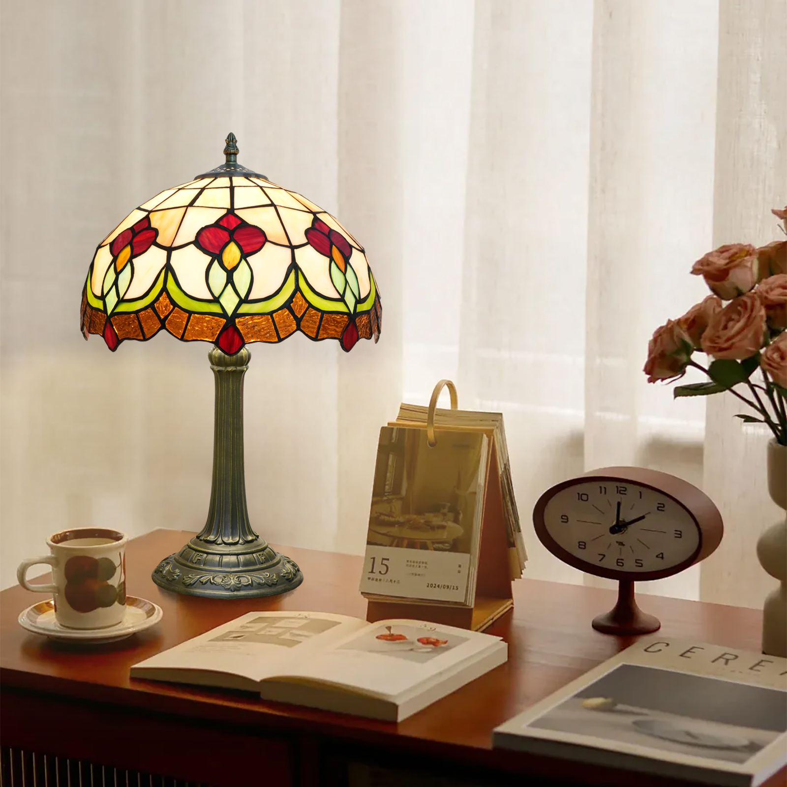 Blivuself Tiffany Stained Glass Table Lamp,12-Inch Retro Brownish Red Floral, Handcrafted Bedside Lamp, Suitable For Home Decoration Art In Bedrooms, Dormitories, Living Rooms, Etc（OFT1331）
