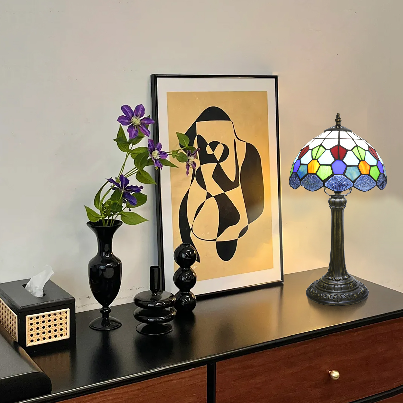 Blivuself Tiffany Stained Glass Table Lamp,10-Inch Geometric Aesthetic Colored Diamond Grid Handcrafted Art, Suitable For Home Decoration Art In Bedrooms, Dormitories, Dining Rooms, Etc（OFT1337）