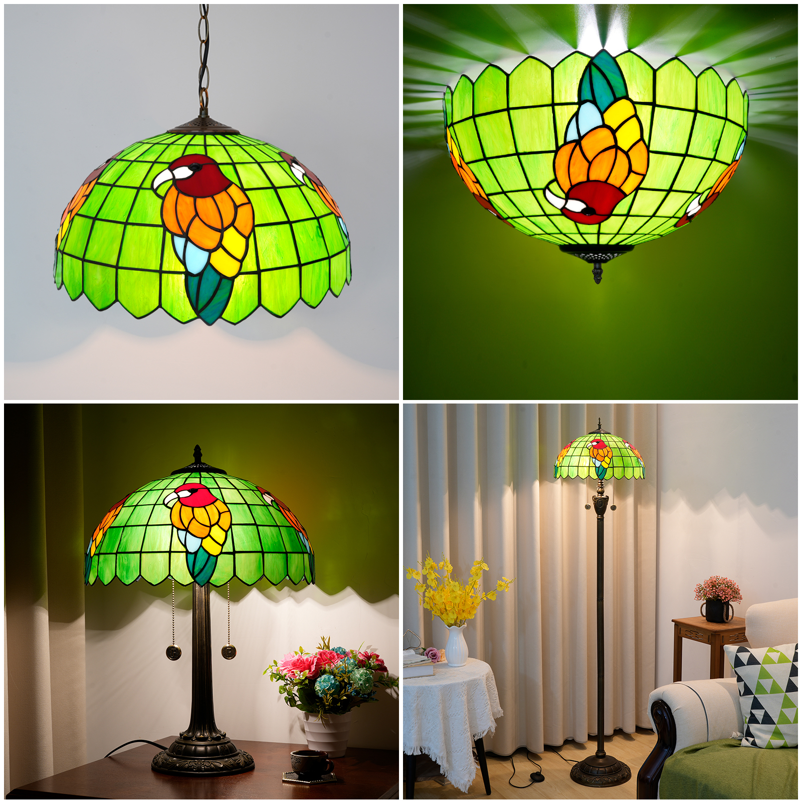 Blivuself Tiffany Stained Glass Lampshade, Hand-Made Replacement, Light Luxury Retro Green Background Red Parrot Pattern, Suitable For Desk Lamp, Chandel Floor Lamp And Other Home Decoration Art（16-Inch-DZ16010）